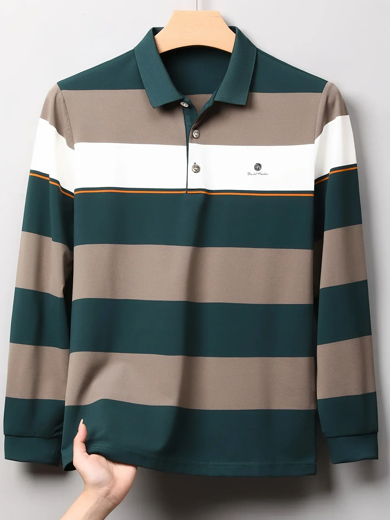 Men'S Long Sleeve Shirt - Formal & Casual Button-Up Shirt with Dark Green & Beige Horizontal Stripes, Button-Front Placket, Non-Stretch Fabric for Office, Golf, Casual Attire - Spring/Fall Wardrobe Essential, Spring Fashion, - Image 7