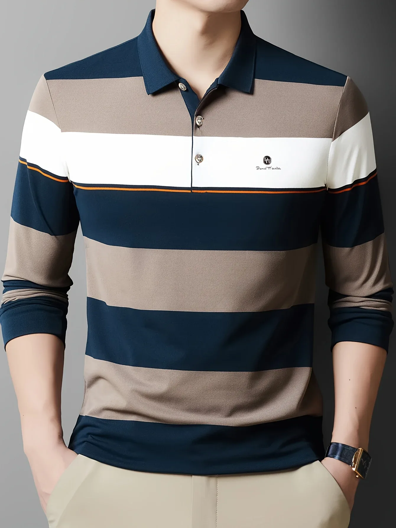 Men'S Long Sleeve Shirt - Formal & Casual Button-Up Shirt with Dark Green & Beige Horizontal Stripes, Button-Front Placket, Non-Stretch Fabric for Office, Golf, Casual Attire - Spring/Fall Wardrobe Essential, Spring Fashion, - Image 8