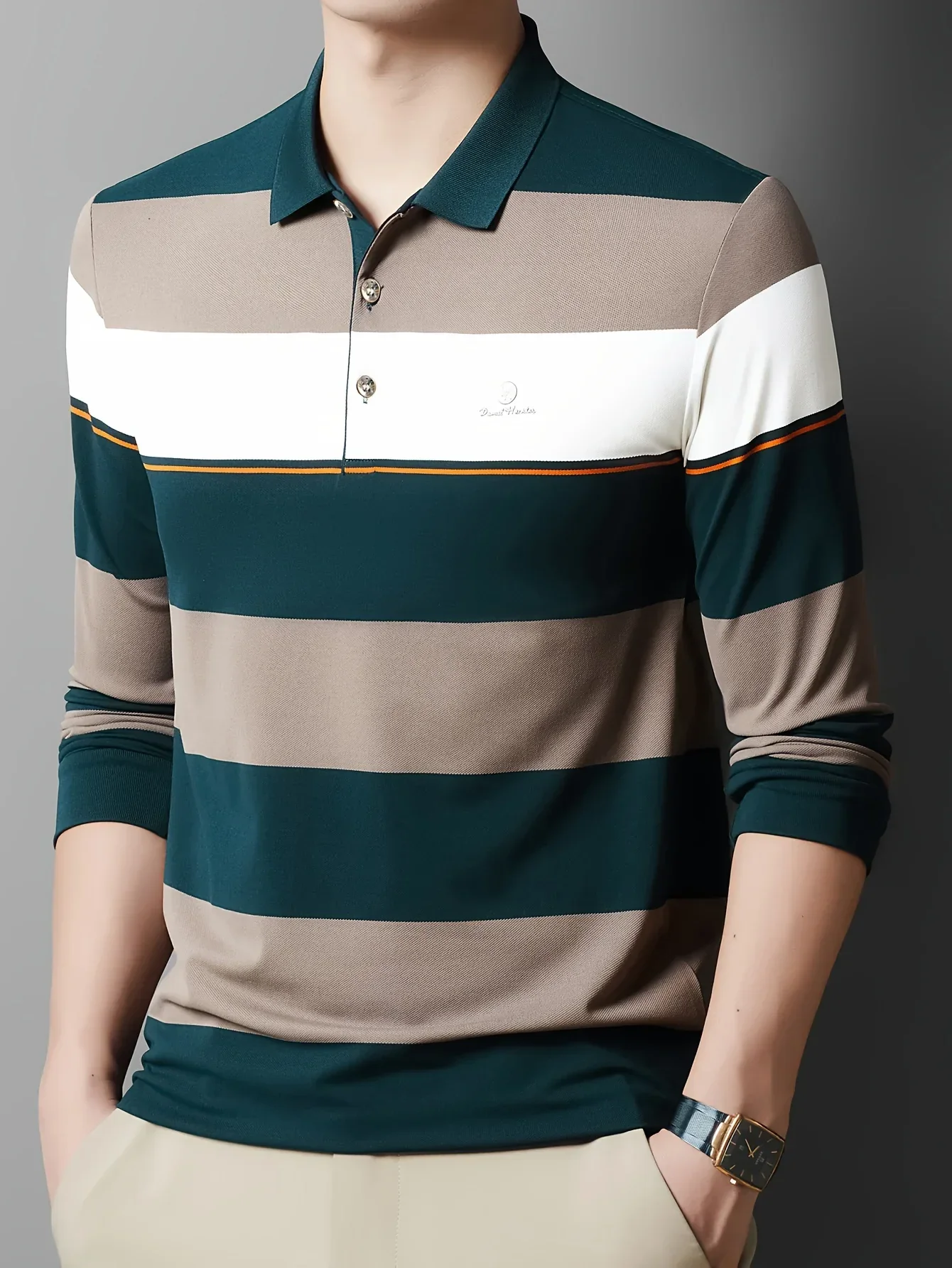 Men'S Long Sleeve Shirt - Formal & Casual Button-Up Shirt with Dark Green & Beige Horizontal Stripes, Button-Front Placket, Non-Stretch Fabric for Office, Golf, Casual Attire - Spring/Fall Wardrobe Essential, Spring Fashion, - Image 9