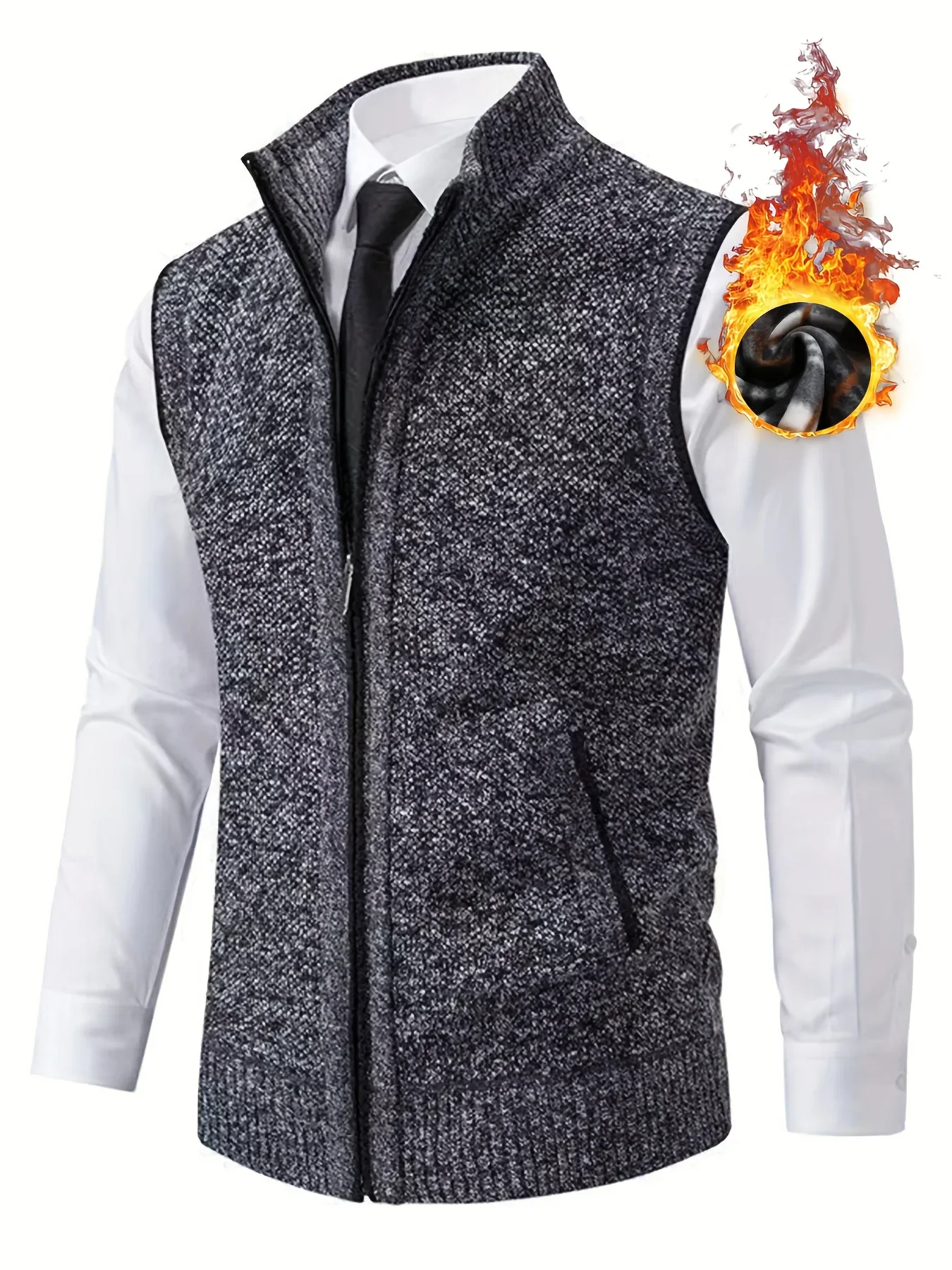 Men's Sleeveless Zip-Front Vest Jacket - Elegant Short-Sleeve Blazer with Collar & Real Pockets, Machine Washable Tailored Fit for Office, Semi-Formal & Casual Wear - Coat (No Belt Required)