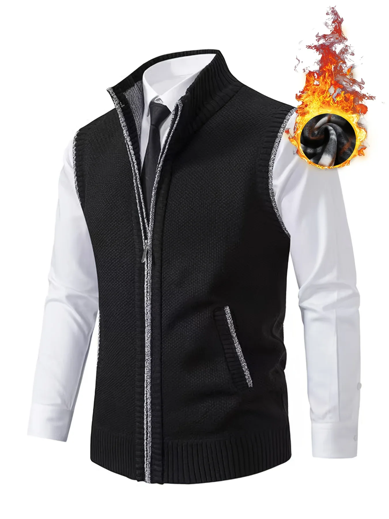 Men's Sleeveless Zip-Front Vest Jacket - Elegant Short-Sleeve Blazer with Collar & Real Pockets, Machine Washable Tailored Fit for Office, Semi-Formal & Casual Wear - Coat (No Belt Required) - Image 4