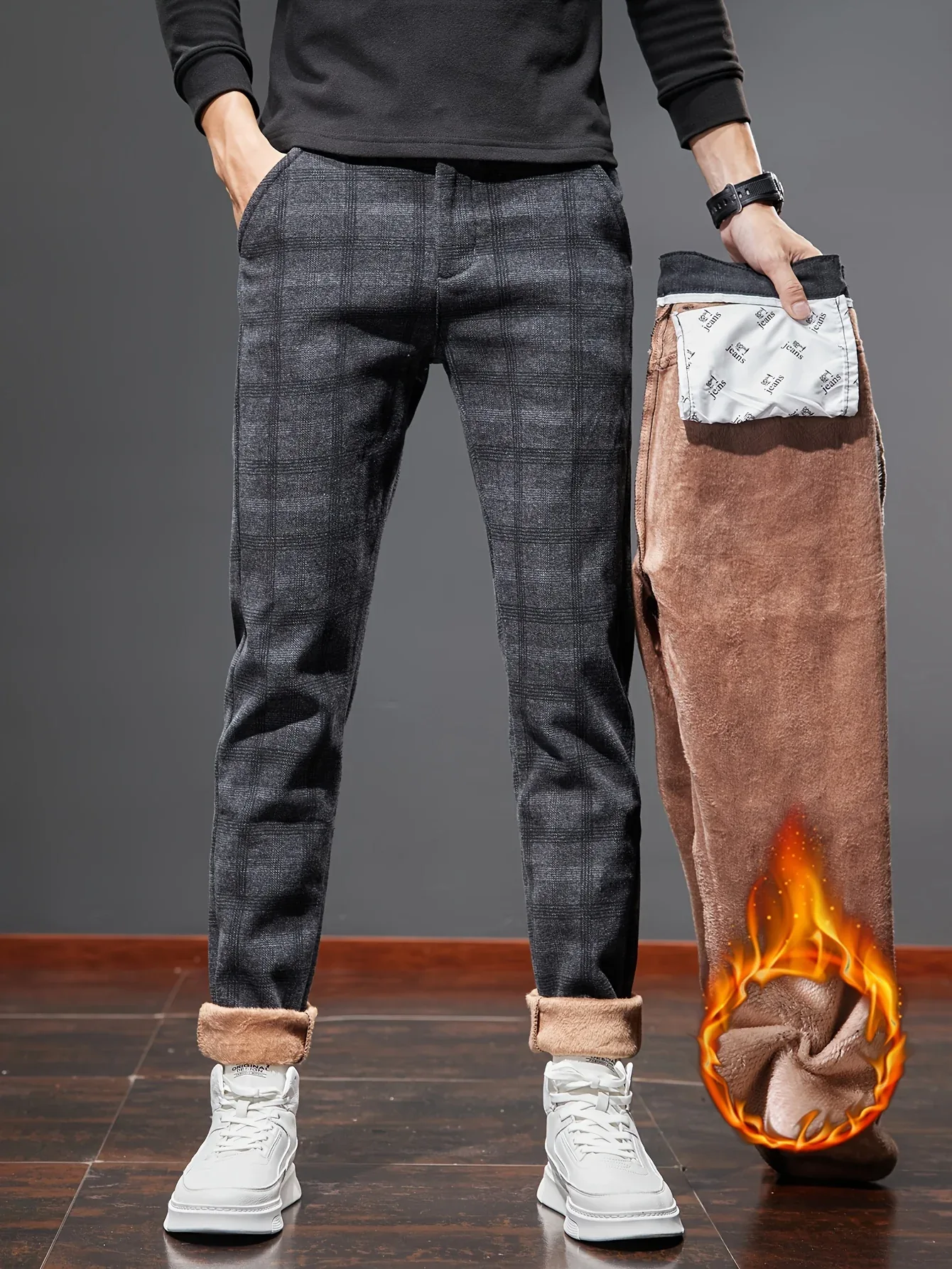 Men's Slim-Fit Plaid Casual Pants - Stretchy, Warm Fleece-Lined for Fall/Winter, Machine Washable