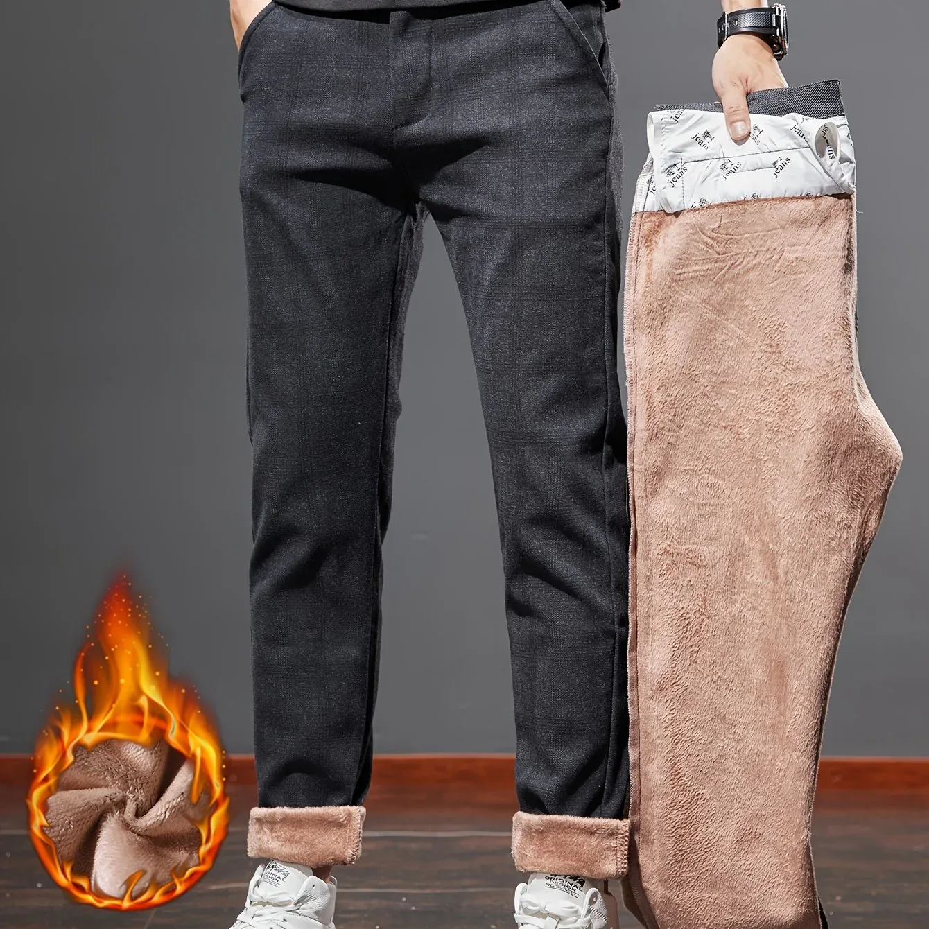Men's Slim-Fit Plaid Casual Pants - Stretchy, Warm Fleece-Lined for Fall/Winter, Machine Washable - Image 11