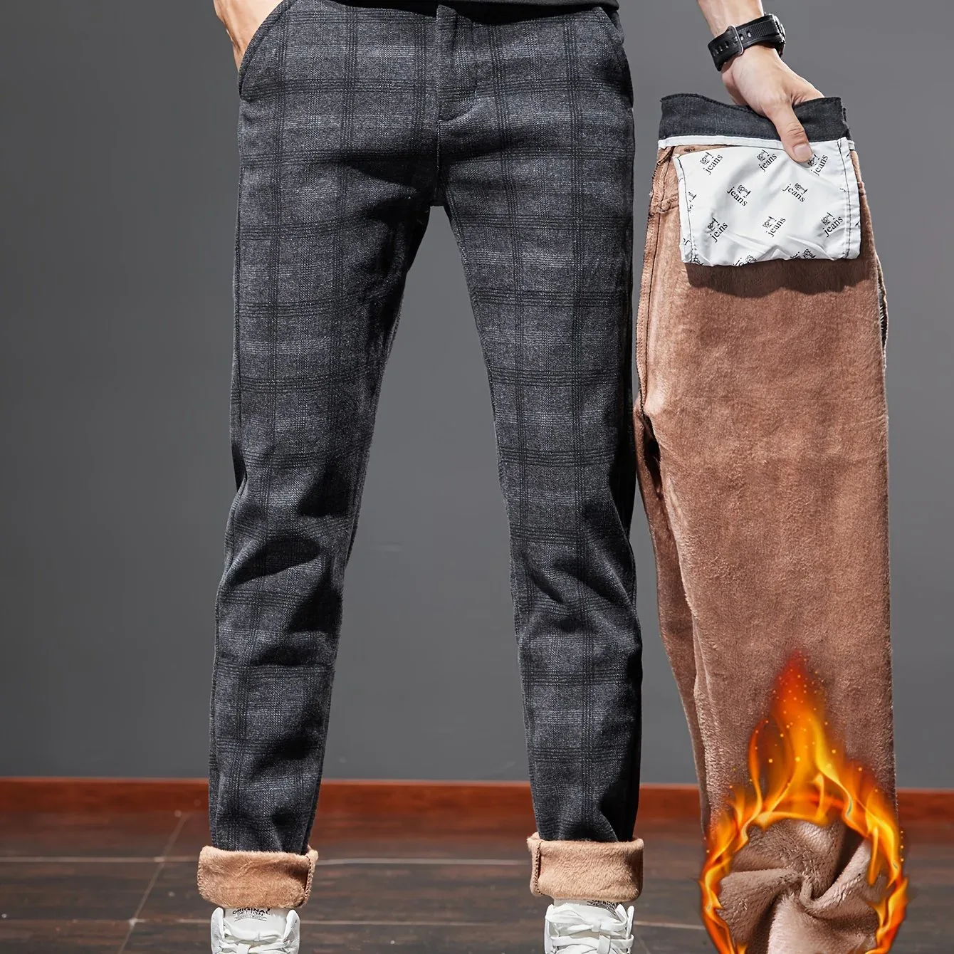 Men's Slim-Fit Plaid Casual Pants - Stretchy, Warm Fleece-Lined for Fall/Winter, Machine Washable - Image 12