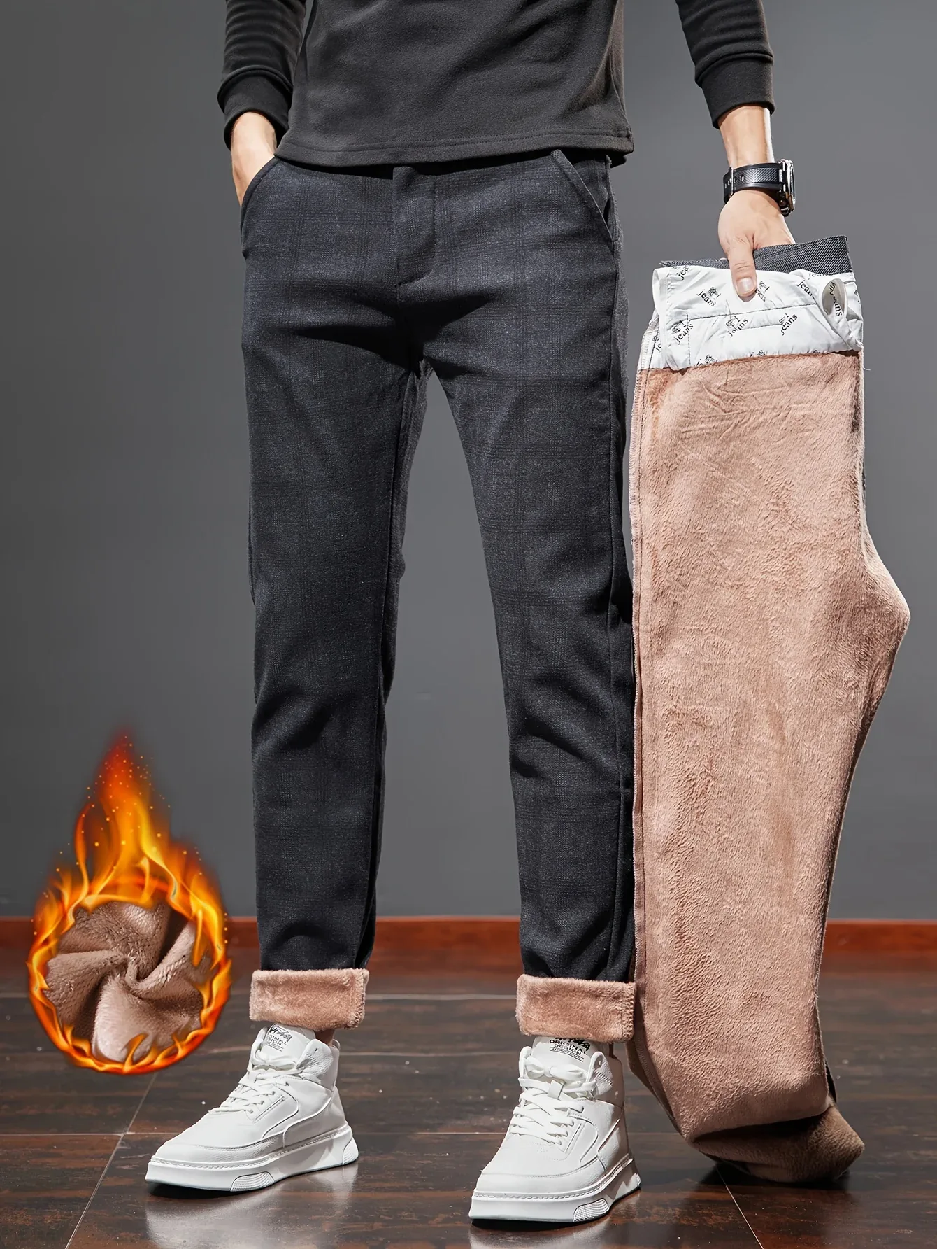 Men's Slim-Fit Plaid Casual Pants - Stretchy, Warm Fleece-Lined for Fall/Winter, Machine Washable - Image 2