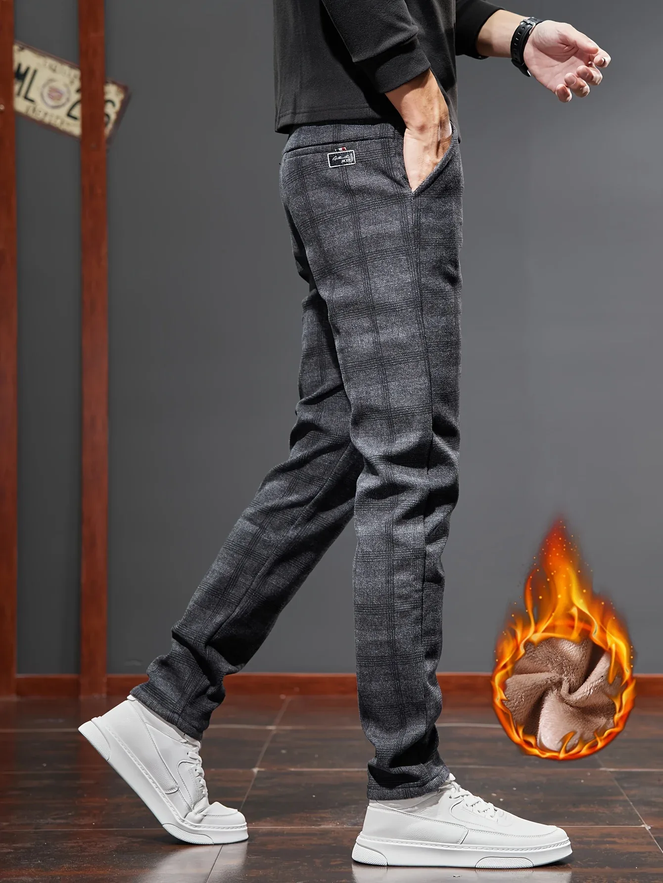 Men's Slim-Fit Plaid Casual Pants - Stretchy, Warm Fleece-Lined for Fall/Winter, Machine Washable - Image 3