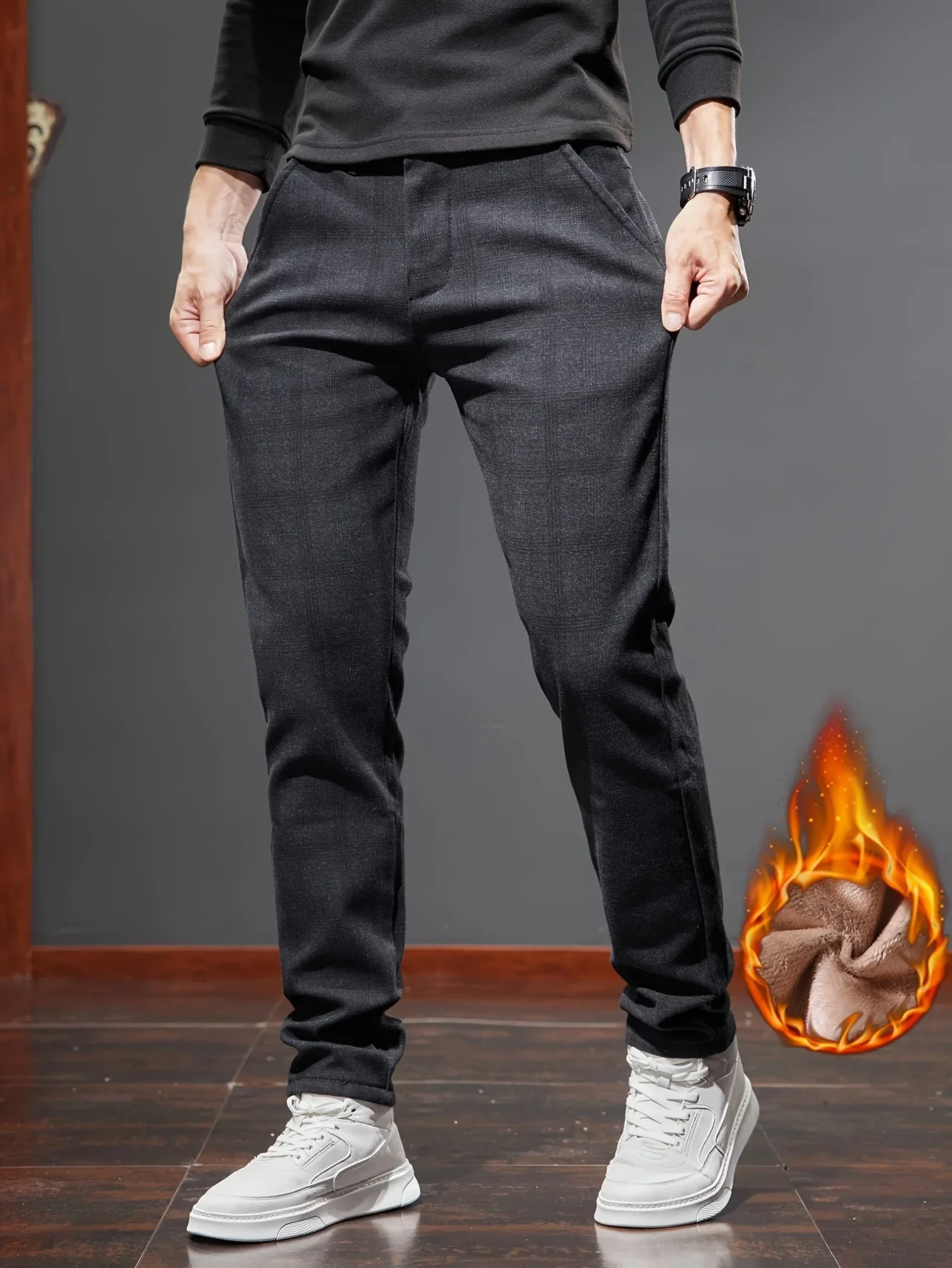 Men's Slim-Fit Plaid Casual Pants - Stretchy, Warm Fleece-Lined for Fall/Winter, Machine Washable - Image 4