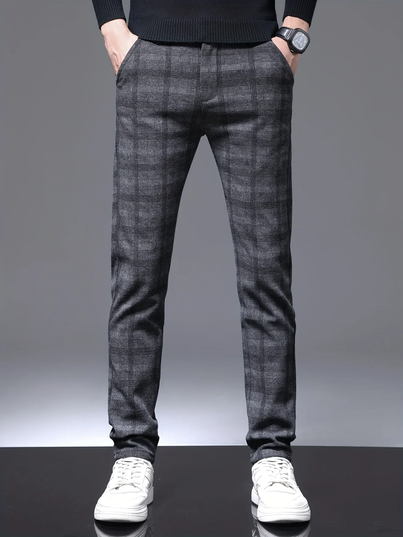 Men's Slim-Fit Plaid Casual Pants - Stretchy, Warm Fleece-Lined for Fall/Winter, Machine Washable - Image 5