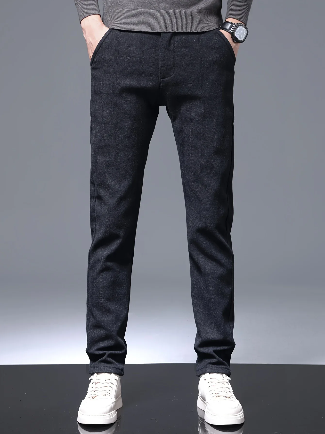 Men's Slim-Fit Plaid Casual Pants - Stretchy, Warm Fleece-Lined for Fall/Winter, Machine Washable - Image 6