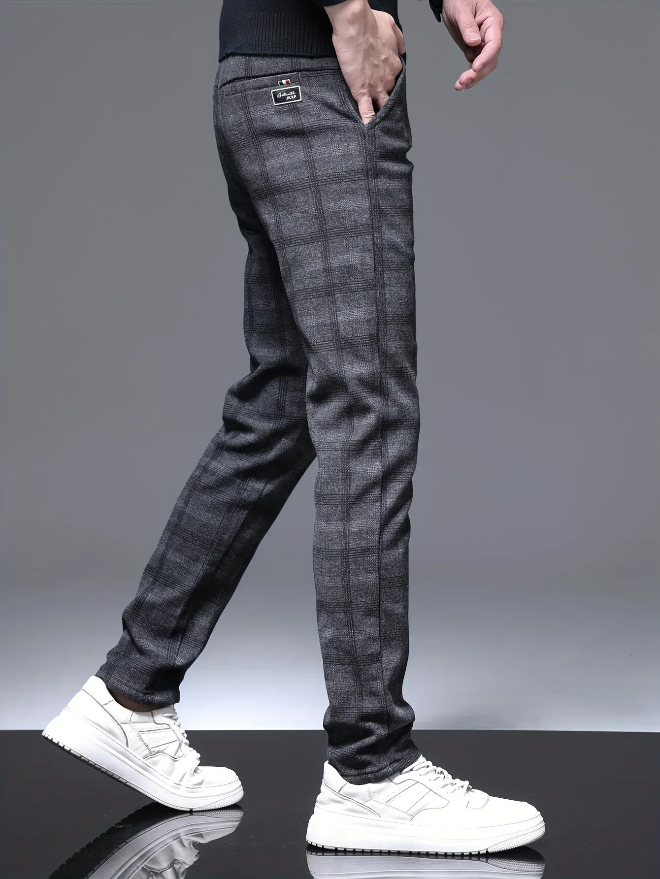 Men's Slim-Fit Plaid Casual Pants - Stretchy, Warm Fleece-Lined for Fall/Winter, Machine Washable - Image 7
