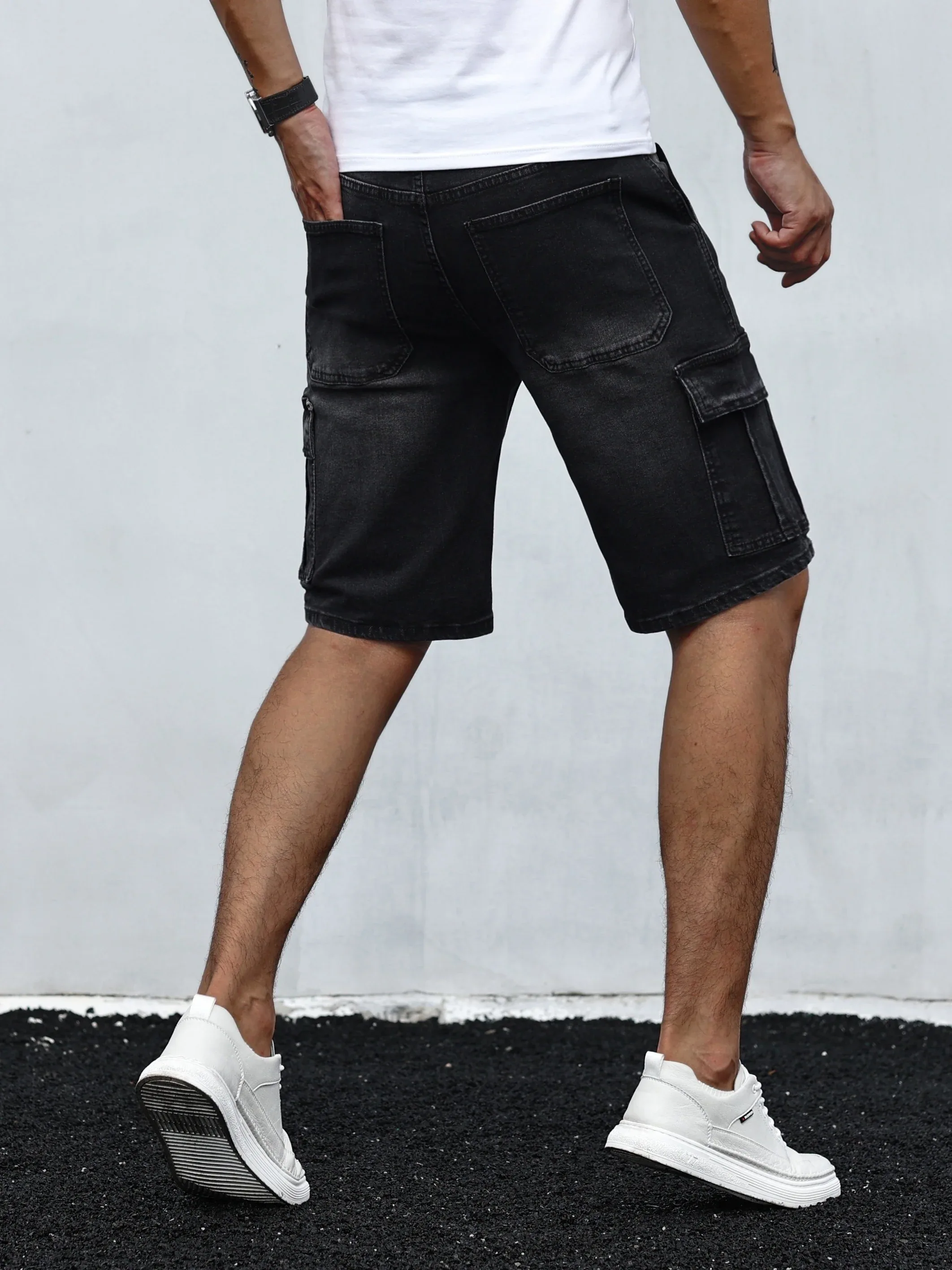 Men's Stretch Denim Shorts - Multi-Pocket Casual Streetwear with Knee-Length, Machine Washable Everyday & Formal Shorts for Urban Outfits - Non-See-Through Denim Construction - Image 7
