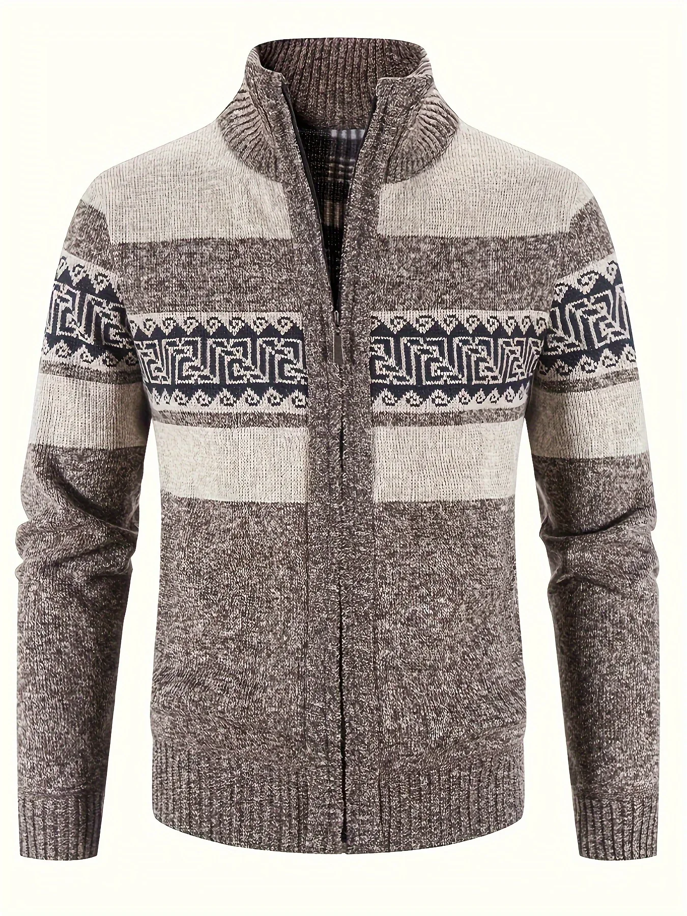 Men's Thermal Fleece-Lined Sport Knit Sweater with Zipper Pockets - Ethnic Wave Pattern, Stand Collar, Long Sleeve for Hiking, Cycling & Casual Winter Wear - Father’s Day Gift, Winter Knit Fabric