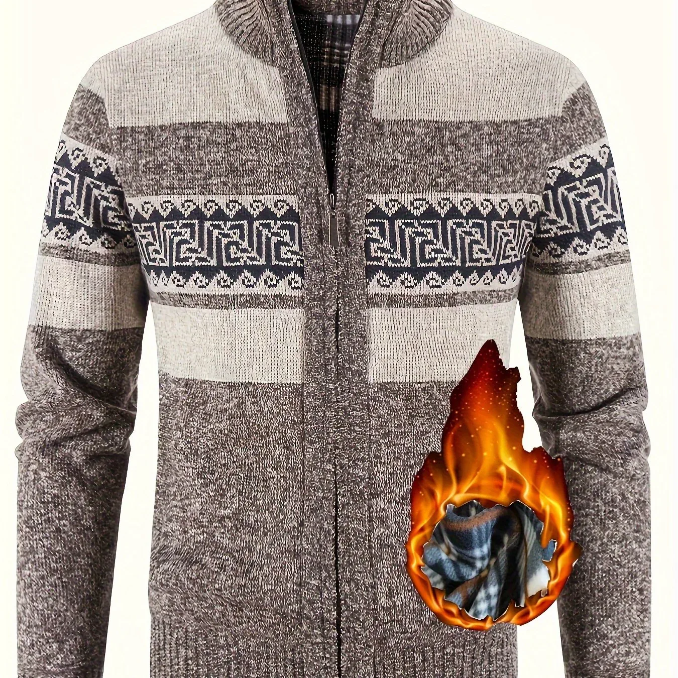 Men's Thermal Fleece-Lined Sport Knit Sweater with Zipper Pockets - Ethnic Wave Pattern, Stand Collar, Long Sleeve for Hiking, Cycling & Casual Winter Wear - Father’s Day Gift, Winter Knit Fabric - Image 12