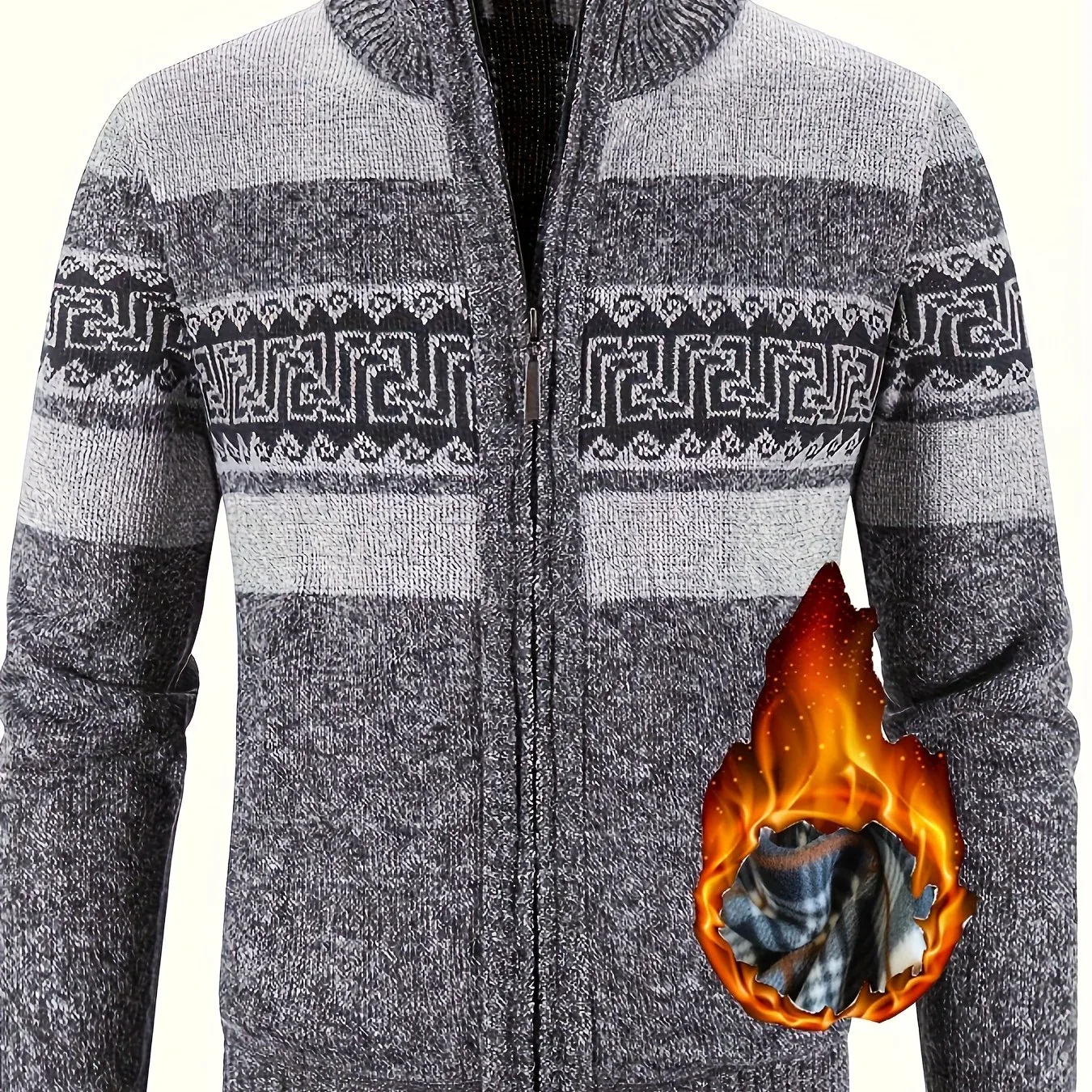 Men's Thermal Fleece-Lined Sport Knit Sweater with Zipper Pockets - Ethnic Wave Pattern, Stand Collar, Long Sleeve for Hiking, Cycling & Casual Winter Wear - Father’s Day Gift, Winter Knit Fabric - Image 13