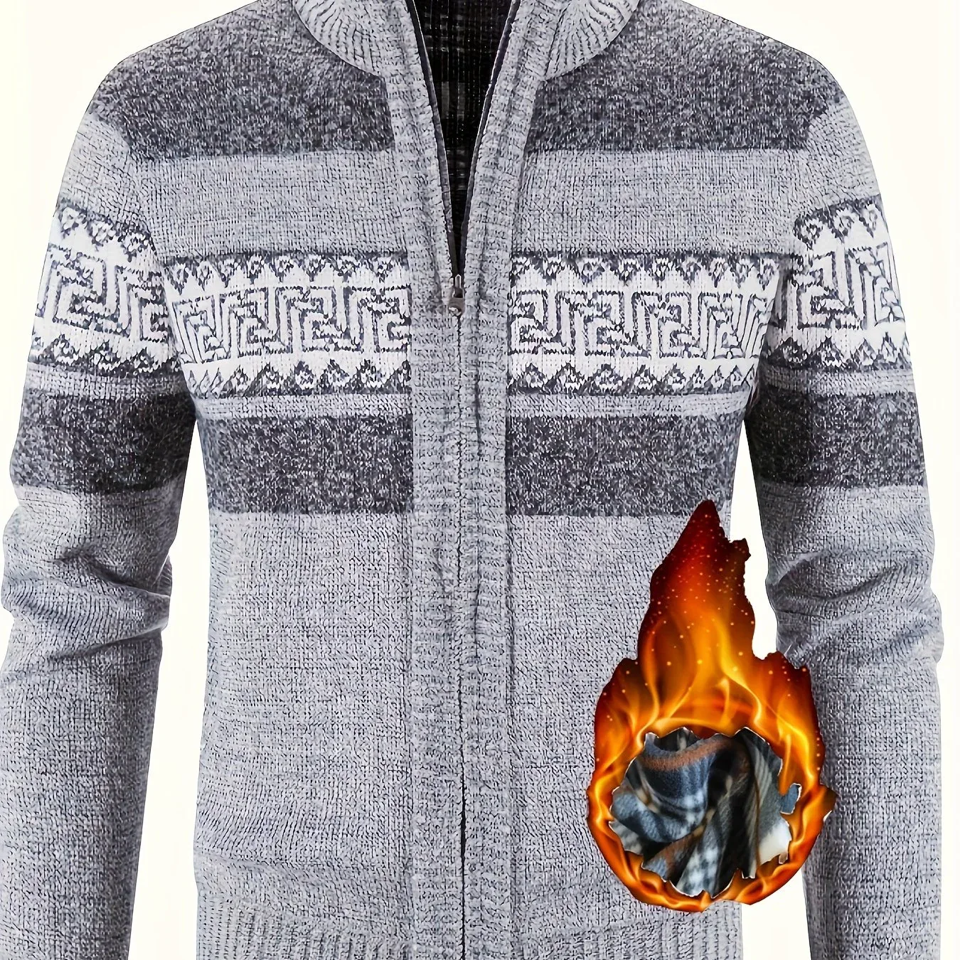Men's Thermal Fleece-Lined Sport Knit Sweater with Zipper Pockets - Ethnic Wave Pattern, Stand Collar, Long Sleeve for Hiking, Cycling & Casual Winter Wear - Father’s Day Gift, Winter Knit Fabric - Image 14