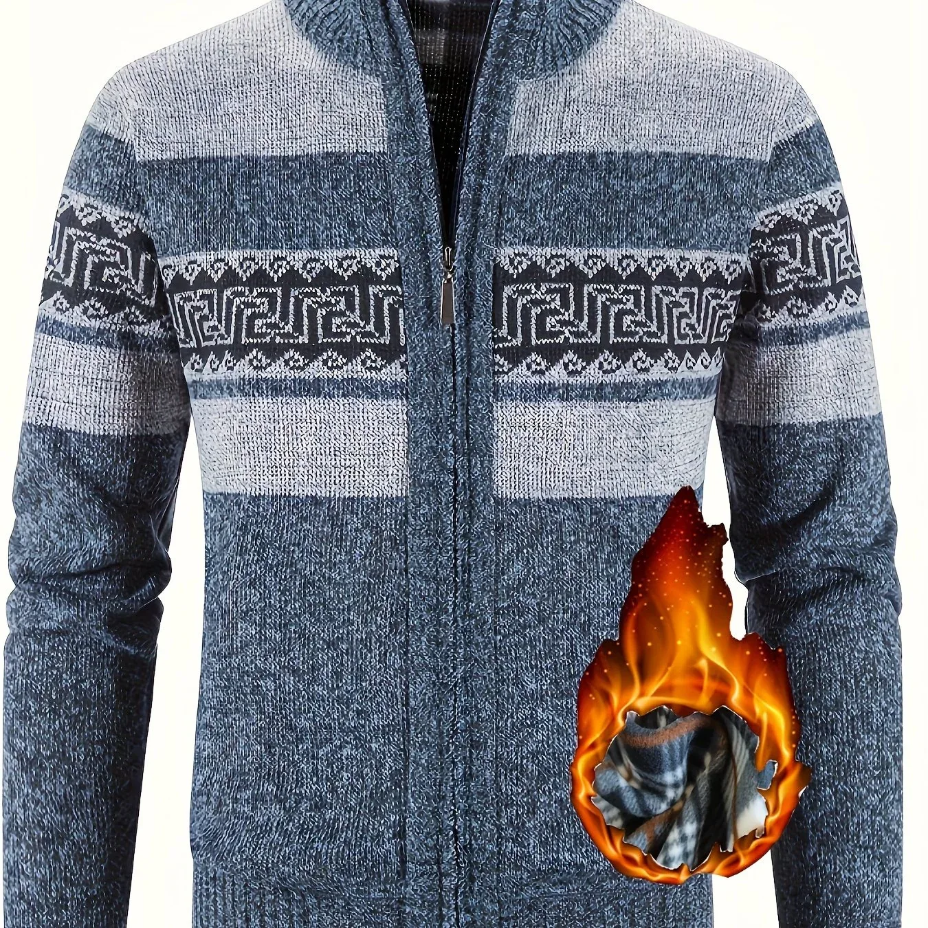 Men's Thermal Fleece-Lined Sport Knit Sweater with Zipper Pockets - Ethnic Wave Pattern, Stand Collar, Long Sleeve for Hiking, Cycling & Casual Winter Wear - Father’s Day Gift, Winter Knit Fabric - Image 15