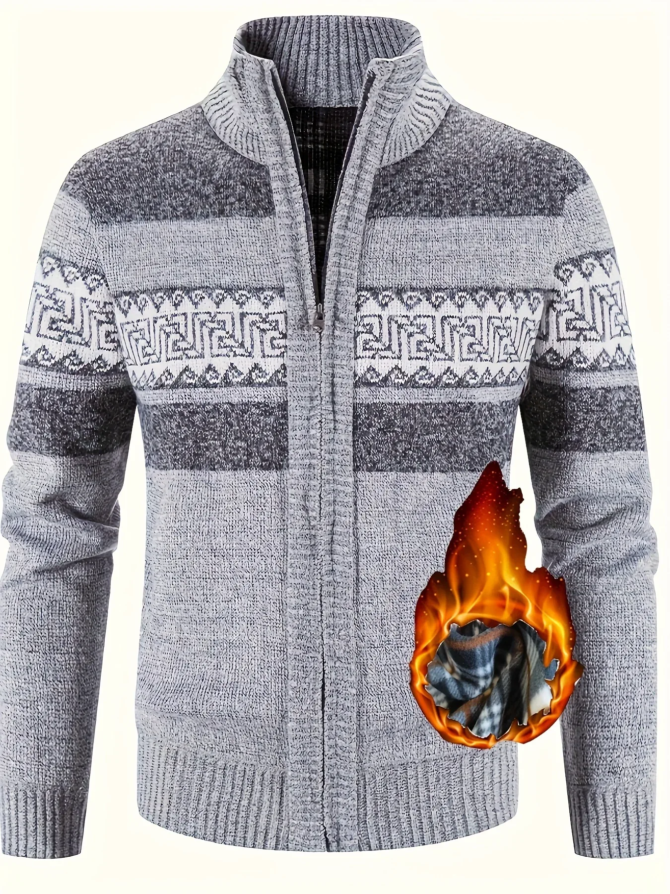 Men's Thermal Fleece-Lined Sport Knit Sweater with Zipper Pockets - Ethnic Wave Pattern, Stand Collar, Long Sleeve for Hiking, Cycling & Casual Winter Wear - Father’s Day Gift, Winter Knit Fabric - Image 2