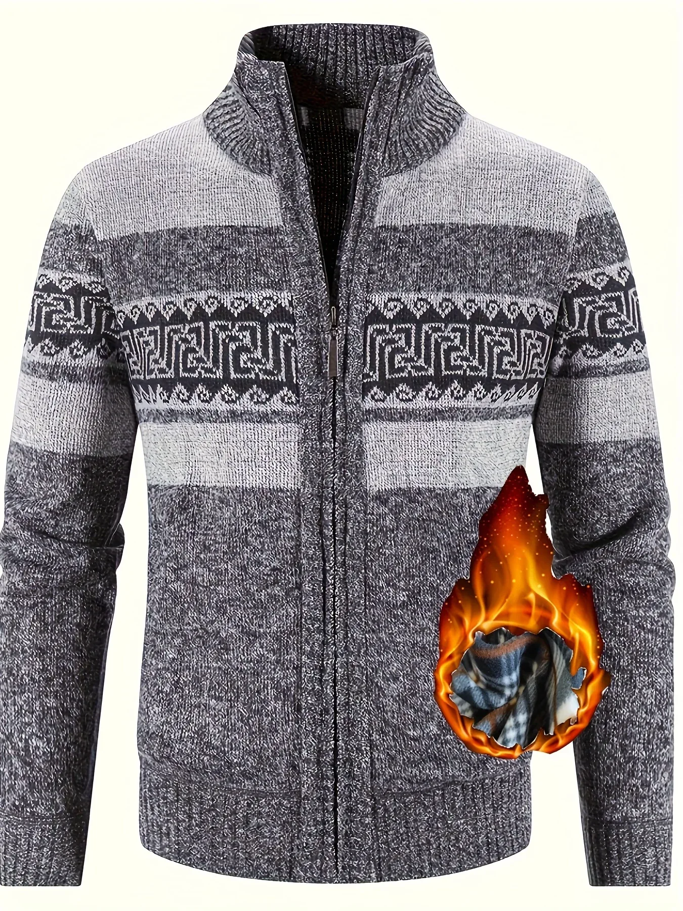 Men's Thermal Fleece-Lined Sport Knit Sweater with Zipper Pockets - Ethnic Wave Pattern, Stand Collar, Long Sleeve for Hiking, Cycling & Casual Winter Wear - Father’s Day Gift, Winter Knit Fabric - Image 3