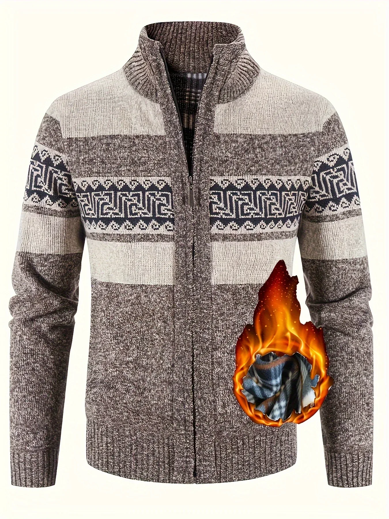 Men's Thermal Fleece-Lined Sport Knit Sweater with Zipper Pockets - Ethnic Wave Pattern, Stand Collar, Long Sleeve for Hiking, Cycling & Casual Winter Wear - Father’s Day Gift, Winter Knit Fabric - Image 4