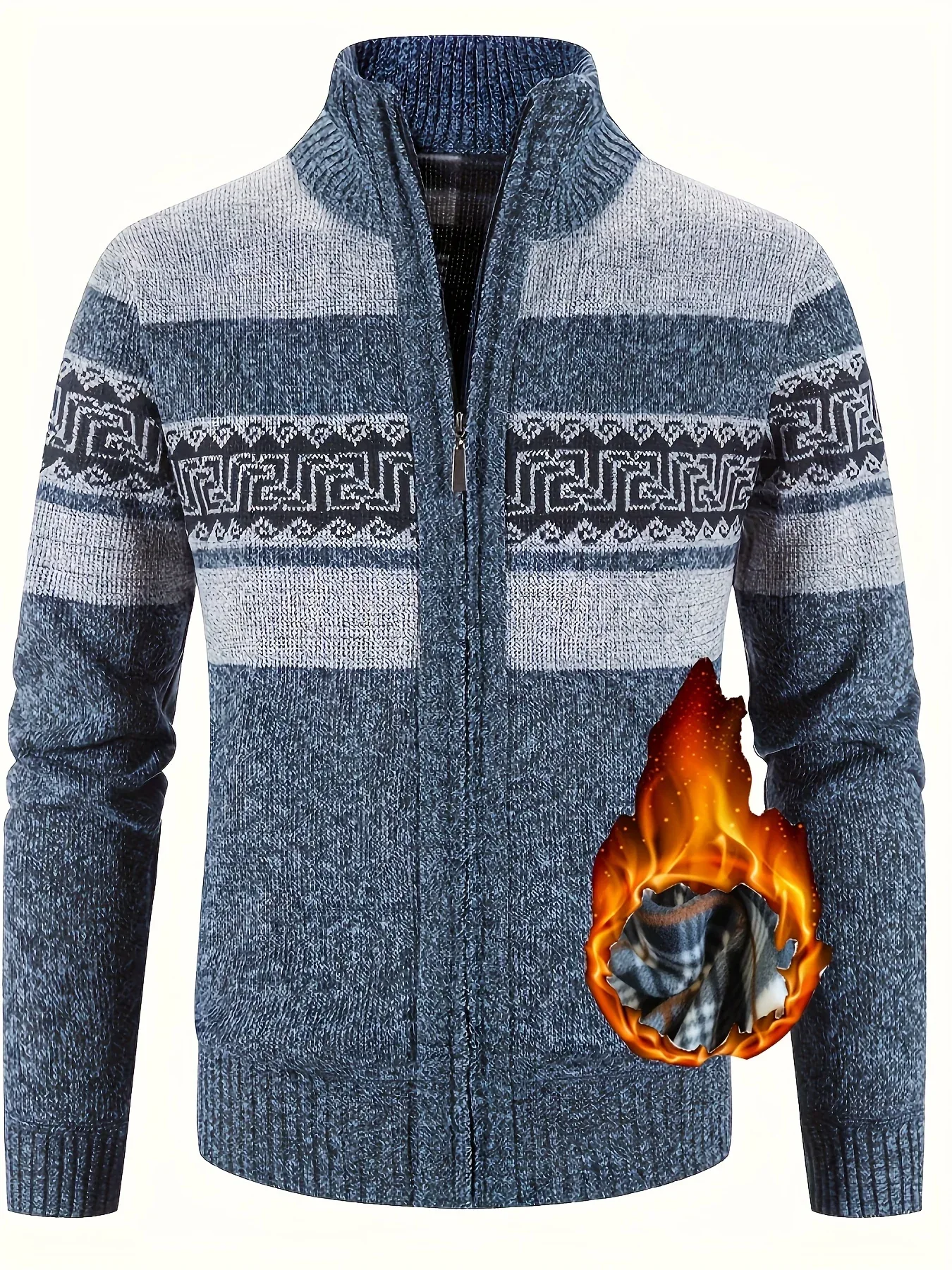 Men's Thermal Fleece-Lined Sport Knit Sweater with Zipper Pockets - Ethnic Wave Pattern, Stand Collar, Long Sleeve for Hiking, Cycling & Casual Winter Wear - Father’s Day Gift, Winter Knit Fabric - Image 5
