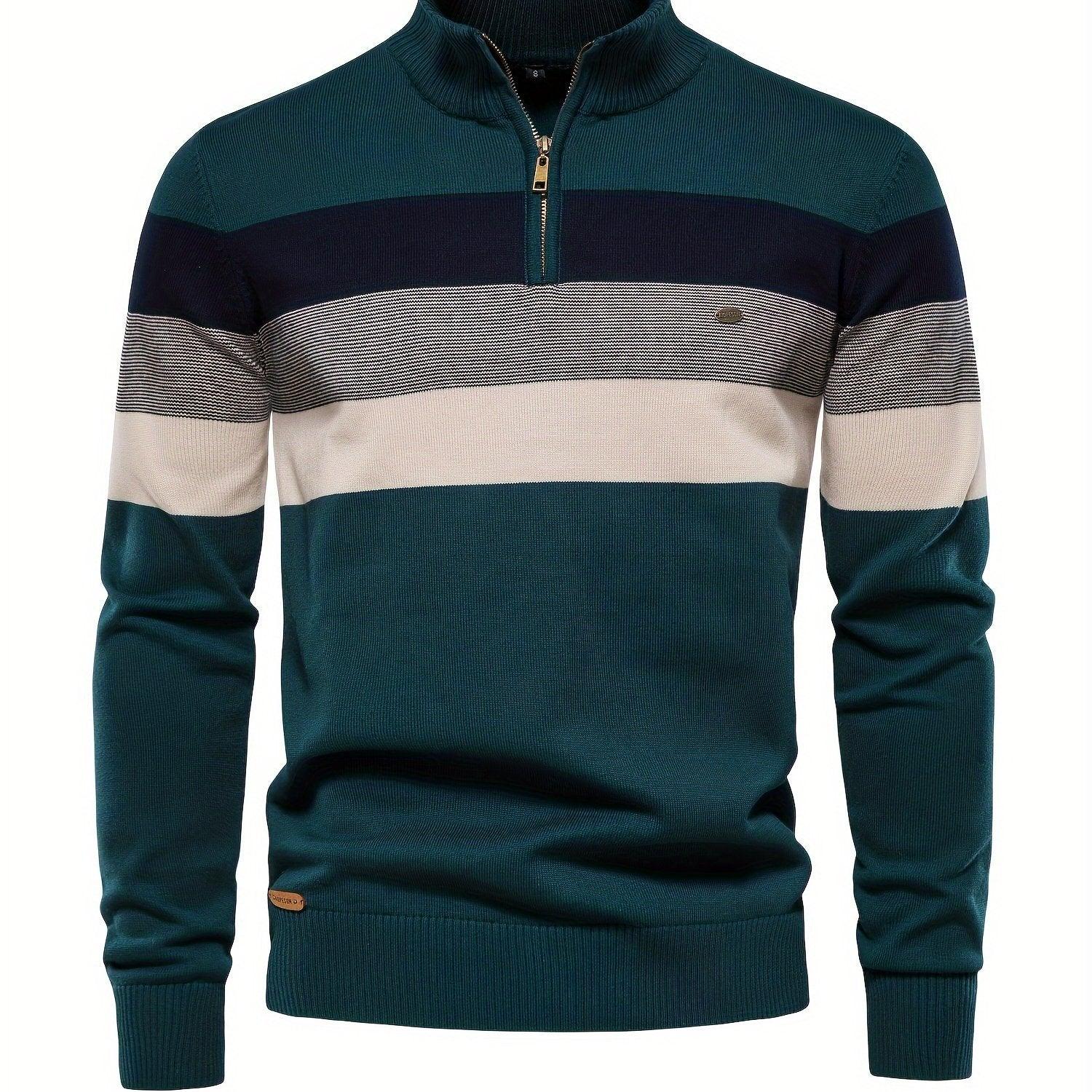 Men'S Thermal Stand Collar Sweater - Winter Knit Sweater with Zipper Closure, Black/Blue/Gray Horizontal Stripes, Regular Fit Pullover for Cold Weather, Formal & Everyday Outfits - Easy Care Sweater for Men, Sweater Zip Up, C - Image 13