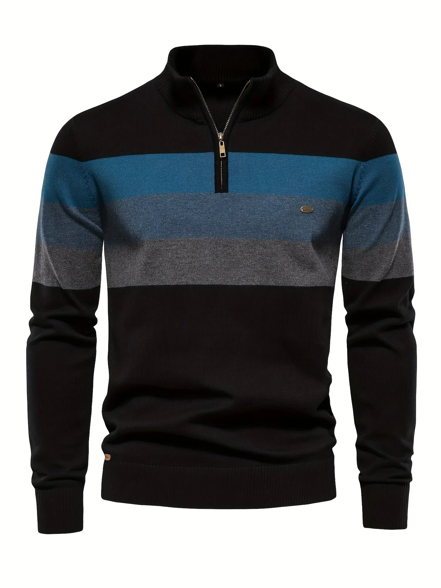 Men'S Thermal Stand Collar Sweater - Winter Knit Sweater with Zipper Closure, Black/Blue/Gray Horizontal Stripes, Regular Fit Pullover for Cold Weather, Formal & Everyday Outfits - Easy Care Sweater for Men, Sweater Zip Up, C - Image 2