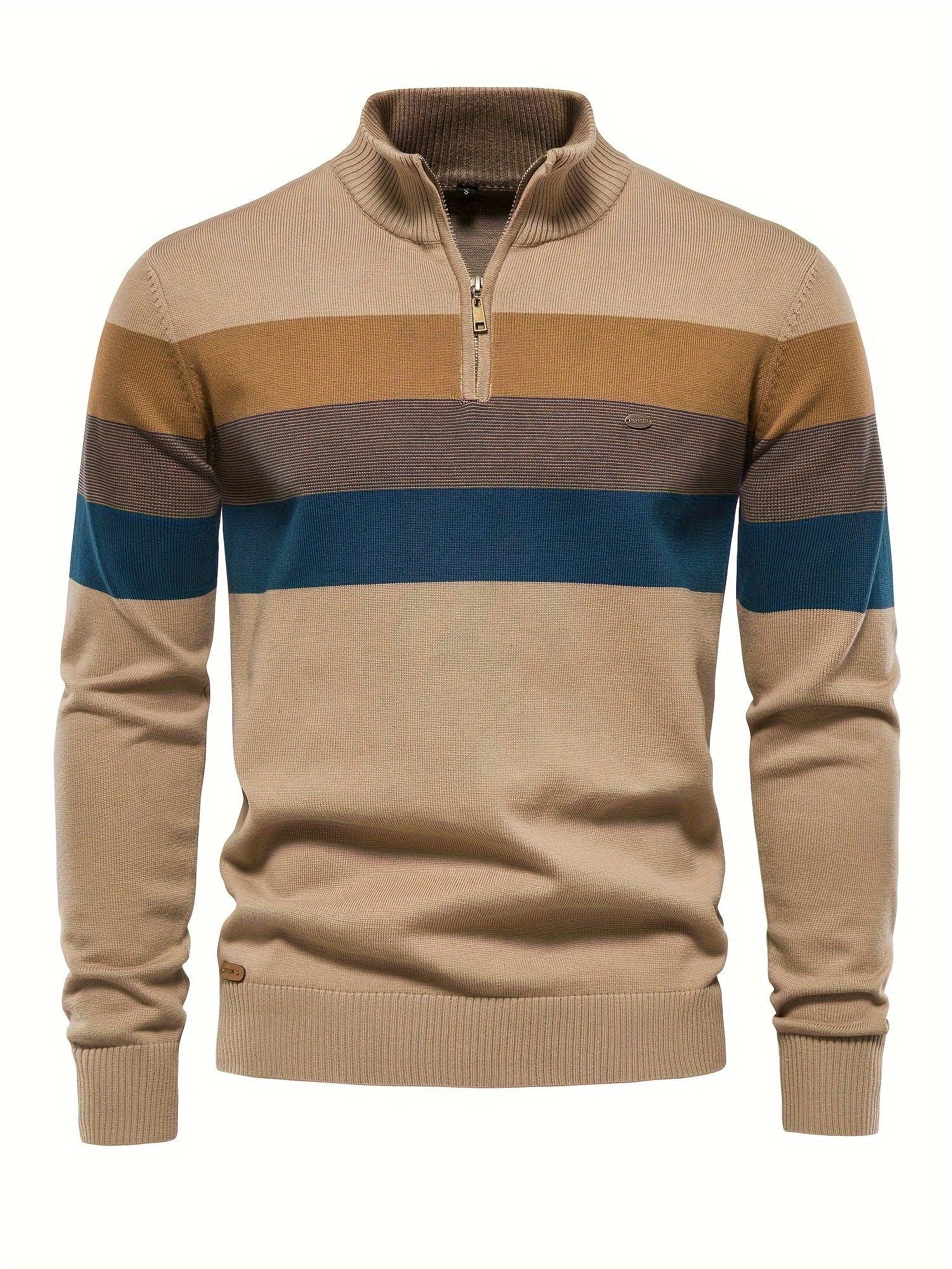 Men'S Thermal Stand Collar Sweater - Winter Knit Sweater with Zipper Closure, Black/Blue/Gray Horizontal Stripes, Regular Fit Pullover for Cold Weather, Formal & Everyday Outfits - Easy Care Sweater for Men, Sweater Zip Up, C - Image 4