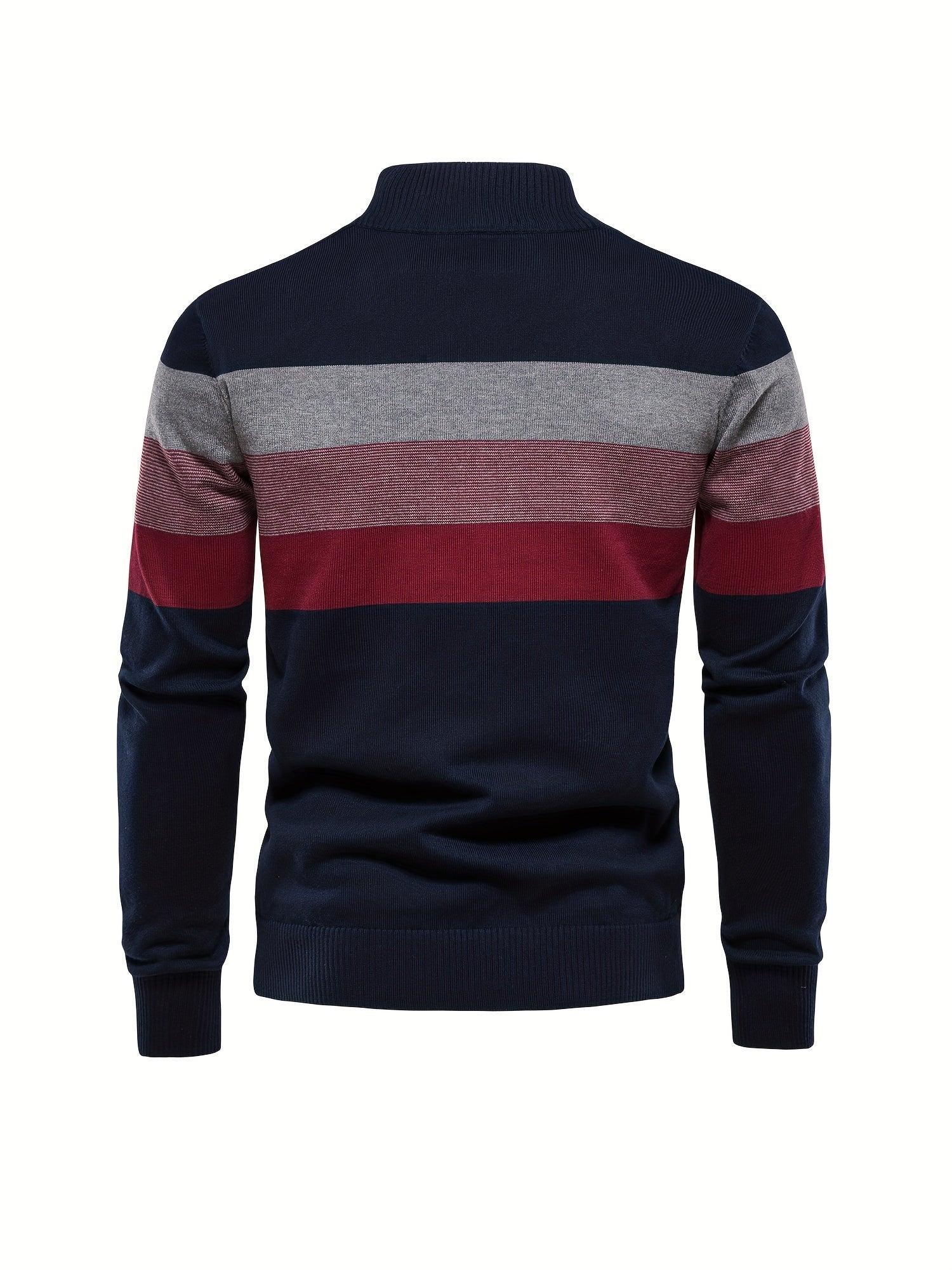 Men'S Thermal Stand Collar Sweater - Winter Knit Sweater with Zipper Closure, Black/Blue/Gray Horizontal Stripes, Regular Fit Pullover for Cold Weather, Formal & Everyday Outfits - Easy Care Sweater for Men, Sweater Zip Up, C - Image 6