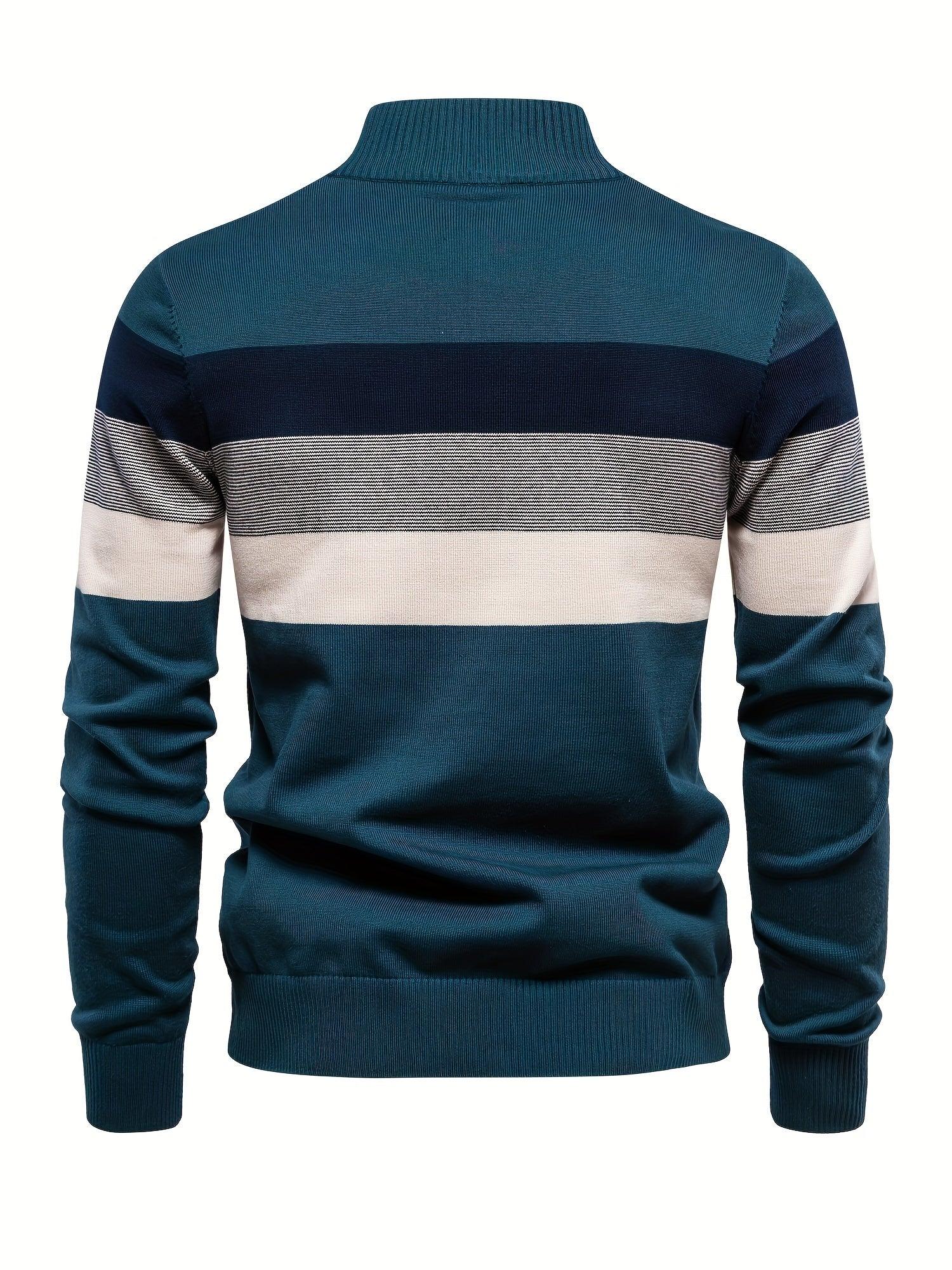 Men'S Thermal Stand Collar Sweater - Winter Knit Sweater with Zipper Closure, Black/Blue/Gray Horizontal Stripes, Regular Fit Pullover for Cold Weather, Formal & Everyday Outfits - Easy Care Sweater for Men, Sweater Zip Up, C - Image 7