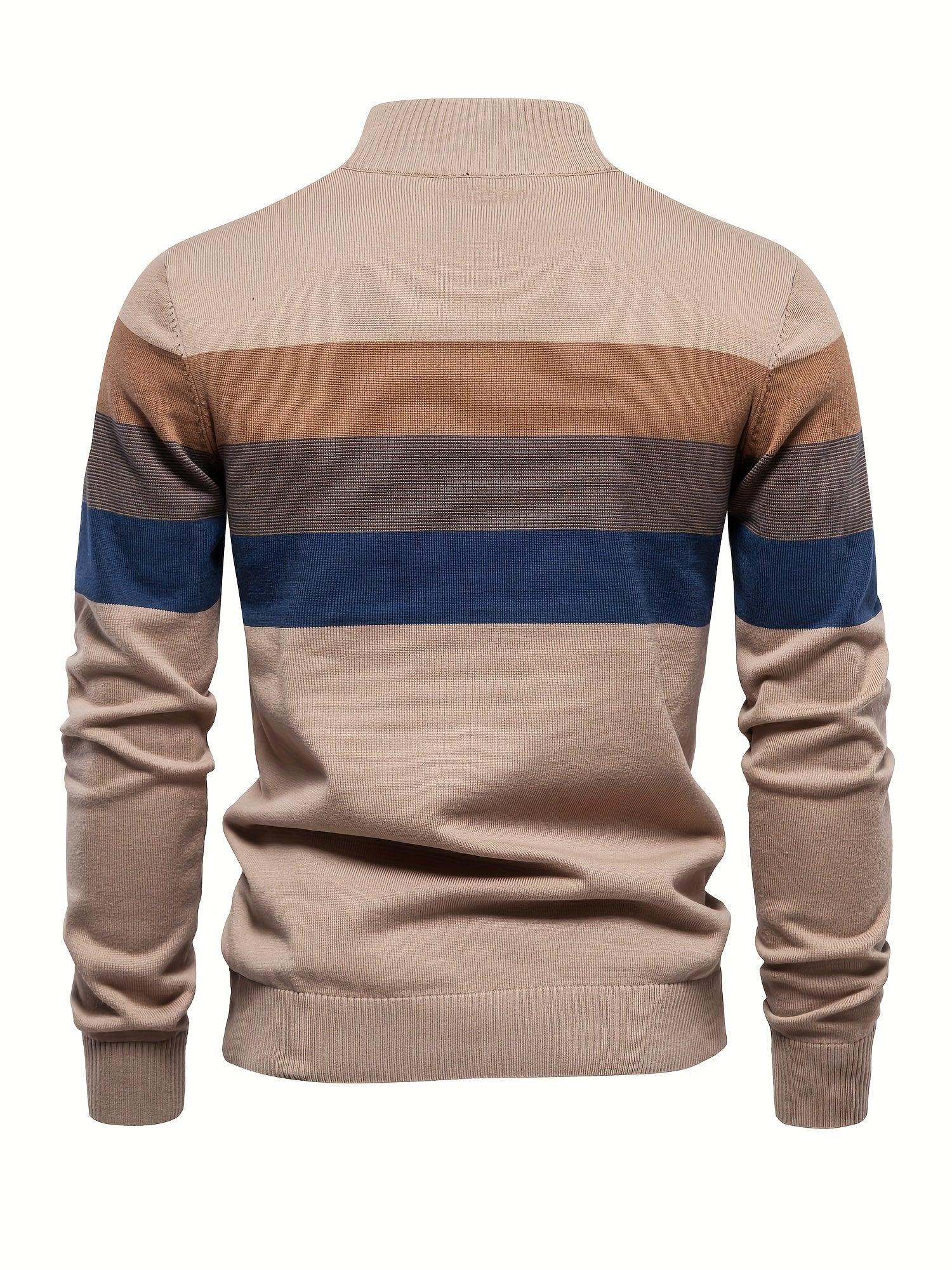Men'S Thermal Stand Collar Sweater - Winter Knit Sweater with Zipper Closure, Black/Blue/Gray Horizontal Stripes, Regular Fit Pullover for Cold Weather, Formal & Everyday Outfits - Easy Care Sweater for Men, Sweater Zip Up, C - Image 8
