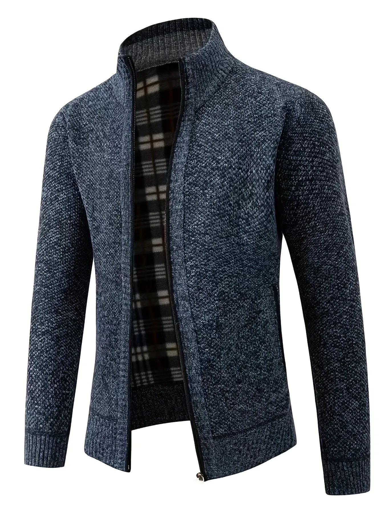 Men'S Thick Fleece Zip-Up Cardigan - Casual Long Sleeve Knit Sweater with Stand Collar, Solid Color, Regular Fit for Fall/Winter, Comfortable Layering Piece, Winter Cardigan, Autumn Outerwear, Modern Casualwear, Durable Fabri