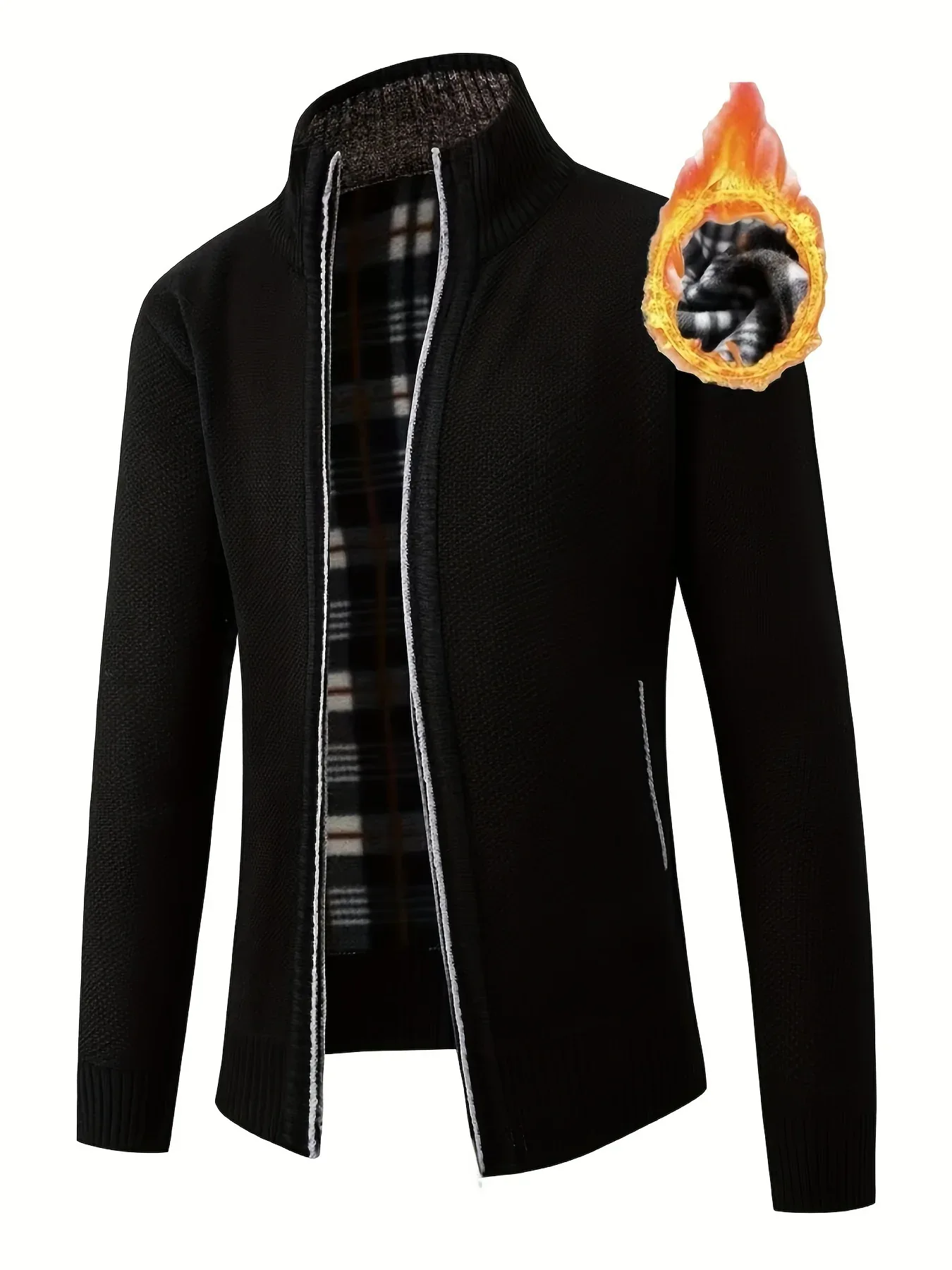 Men'S Thick Fleece Zip-Up Cardigan - Casual Long Sleeve Knit Sweater with Stand Collar, Solid Color, Regular Fit for Fall/Winter, Comfortable Layering Piece, Winter Cardigan, Autumn Outerwear, Modern Casualwear, Durable Fabri - Image 2