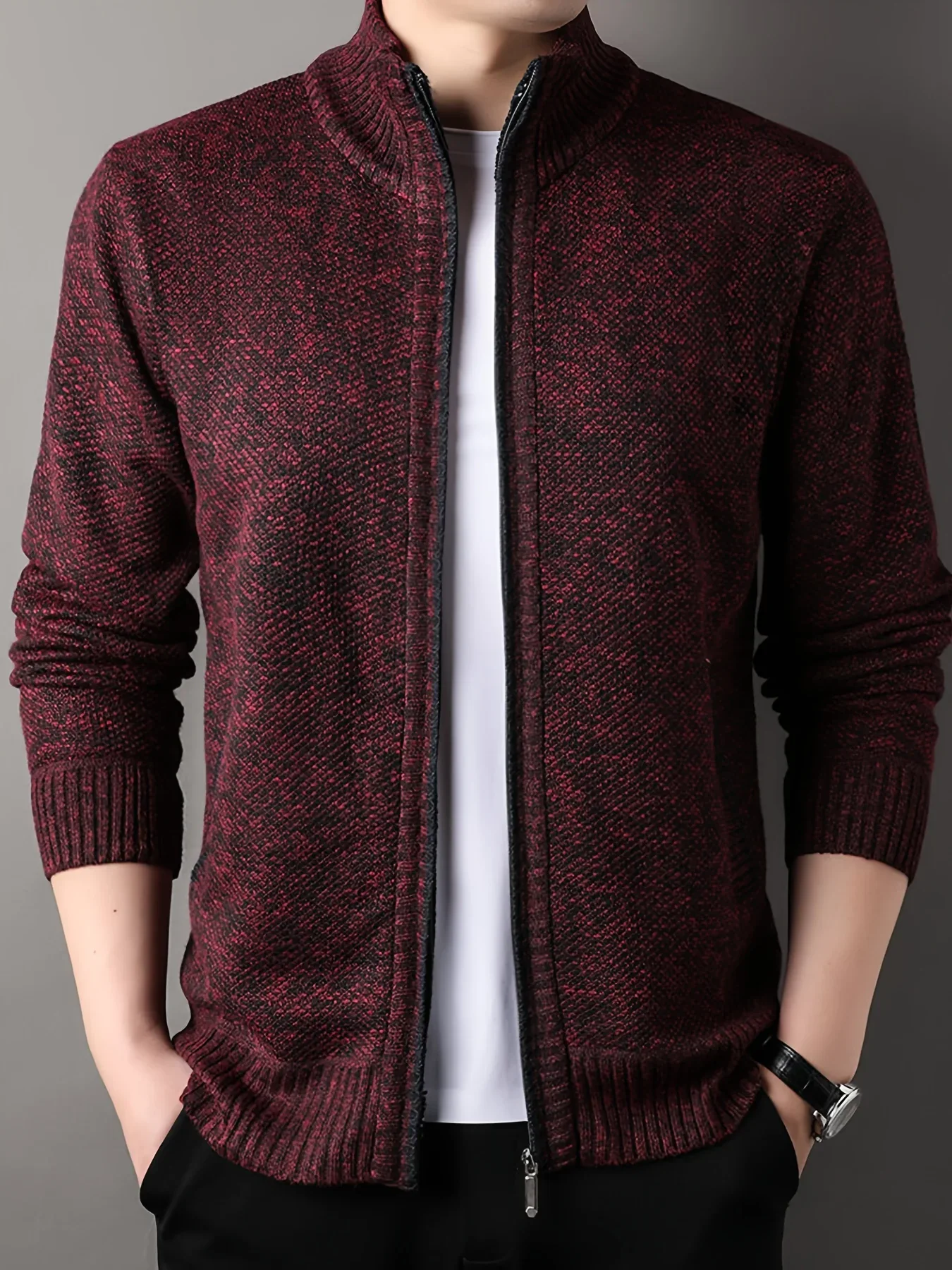 Men'S Thick Fleece Zip-Up Cardigan - Casual Long Sleeve Knit Sweater with Stand Collar, Solid Color, Regular Fit for Fall/Winter, Comfortable Layering Piece, Winter Cardigan, Autumn Outerwear, Modern Casualwear, Durable Fabri - Image 20