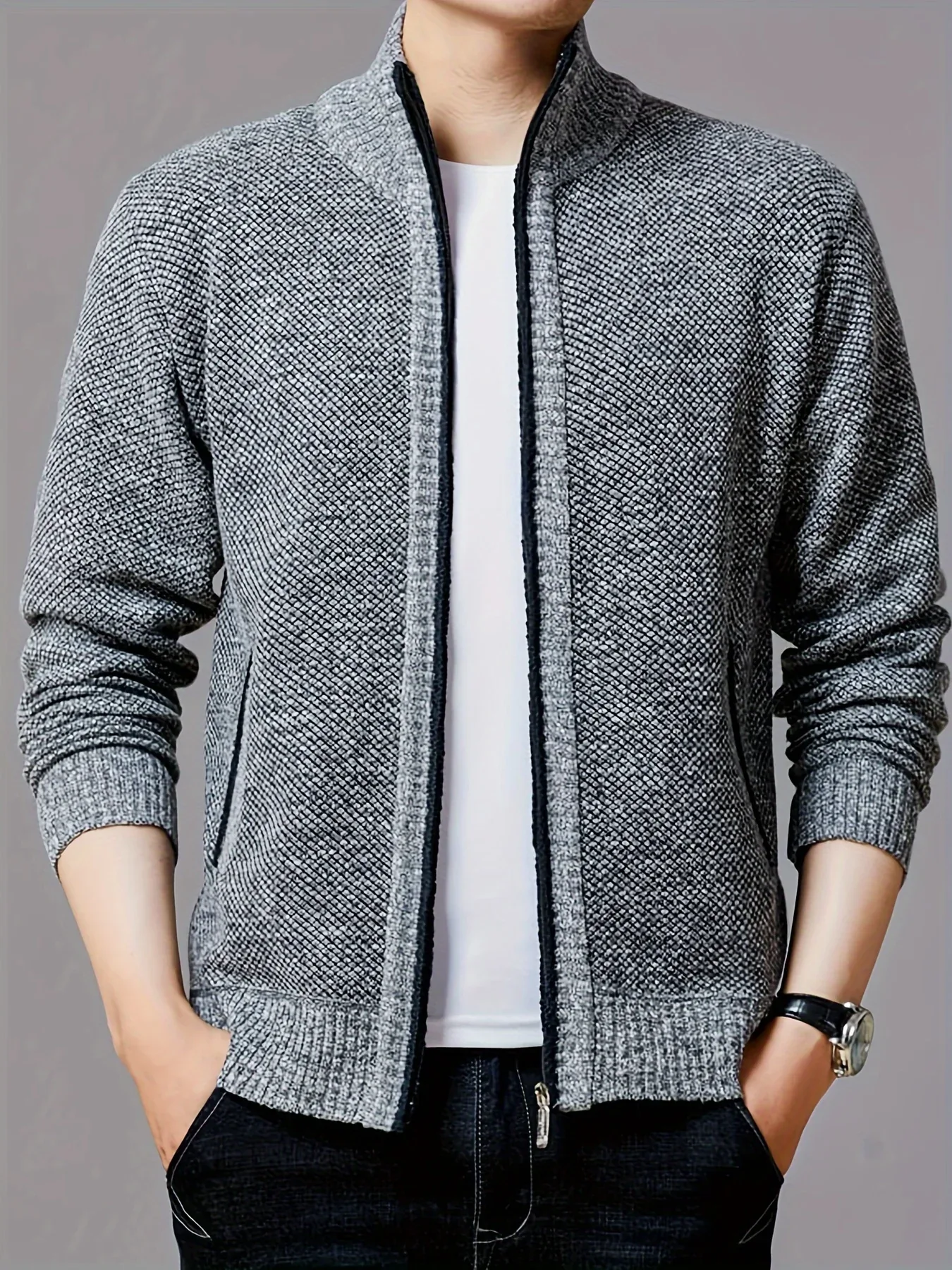 Men'S Thick Fleece Zip-Up Cardigan - Casual Long Sleeve Knit Sweater with Stand Collar, Solid Color, Regular Fit for Fall/Winter, Comfortable Layering Piece, Winter Cardigan, Autumn Outerwear, Modern Casualwear, Durable Fabri - Image 29