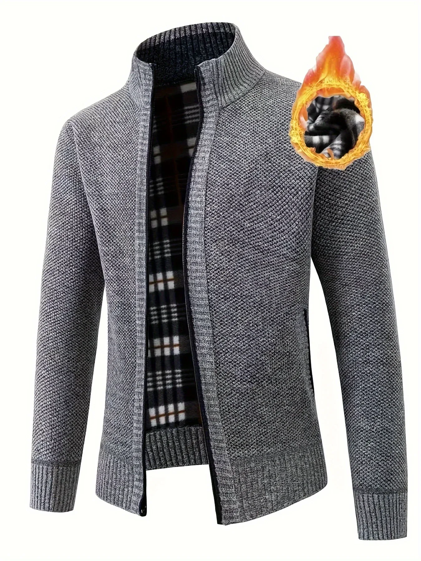 Men'S Thick Fleece Zip-Up Cardigan - Casual Long Sleeve Knit Sweater with Stand Collar, Solid Color, Regular Fit for Fall/Winter, Comfortable Layering Piece, Winter Cardigan, Autumn Outerwear, Modern Casualwear, Durable Fabri - Image 3