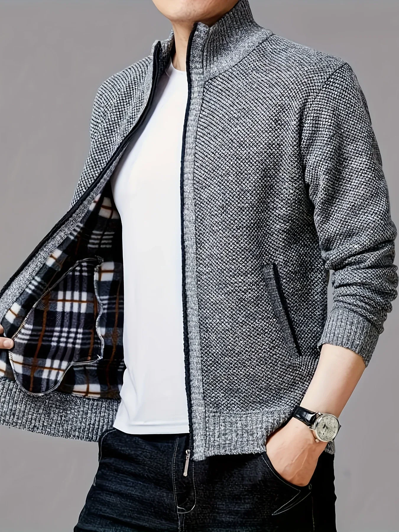 Men'S Thick Fleece Zip-Up Cardigan - Casual Long Sleeve Knit Sweater with Stand Collar, Solid Color, Regular Fit for Fall/Winter, Comfortable Layering Piece, Winter Cardigan, Autumn Outerwear, Modern Casualwear, Durable Fabri - Image 30