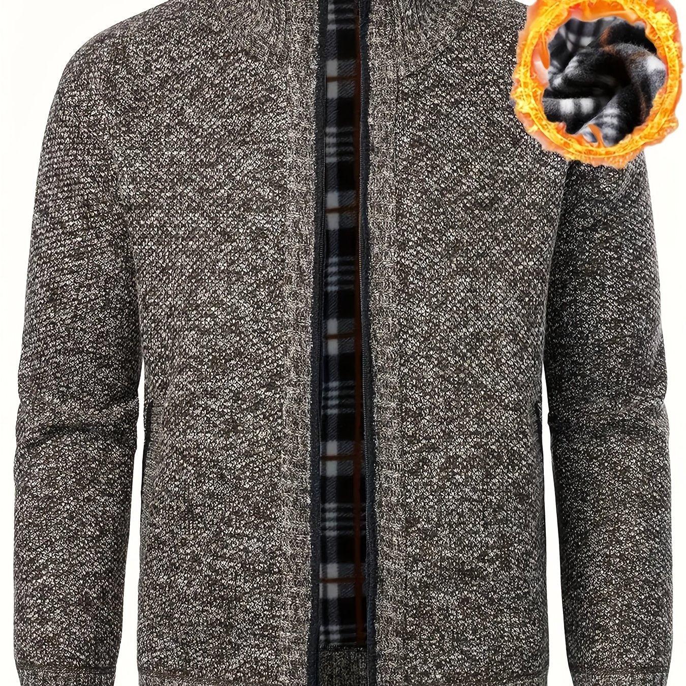 Men'S Thick Fleece Zip-Up Cardigan - Casual Long Sleeve Knit Sweater with Stand Collar, Solid Color, Regular Fit for Fall/Winter, Comfortable Layering Piece, Winter Cardigan, Autumn Outerwear, Modern Casualwear, Durable Fabri - Image 37