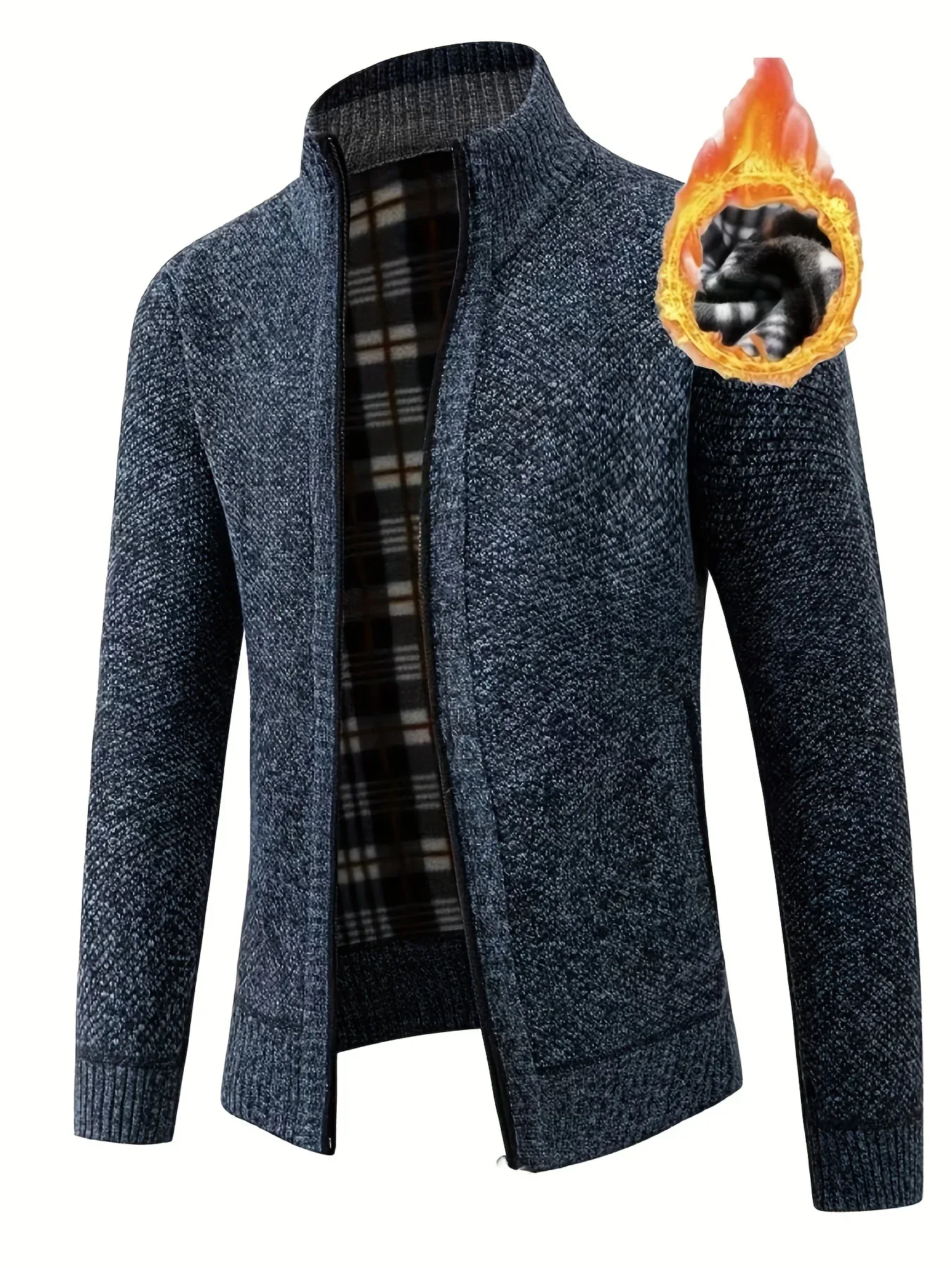 Men'S Thick Fleece Zip-Up Cardigan - Casual Long Sleeve Knit Sweater with Stand Collar, Solid Color, Regular Fit for Fall/Winter, Comfortable Layering Piece, Winter Cardigan, Autumn Outerwear, Modern Casualwear, Durable Fabri - Image 4
