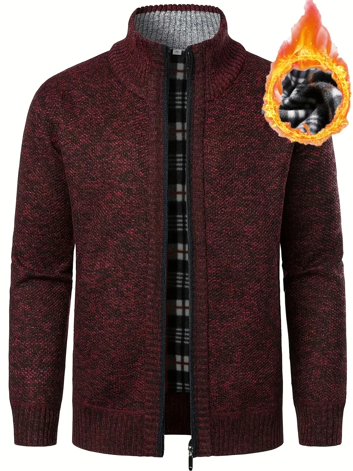 Men'S Thick Fleece Zip-Up Cardigan - Casual Long Sleeve Knit Sweater with Stand Collar, Solid Color, Regular Fit for Fall/Winter, Comfortable Layering Piece, Winter Cardigan, Autumn Outerwear, Modern Casualwear, Durable Fabri - Image 5