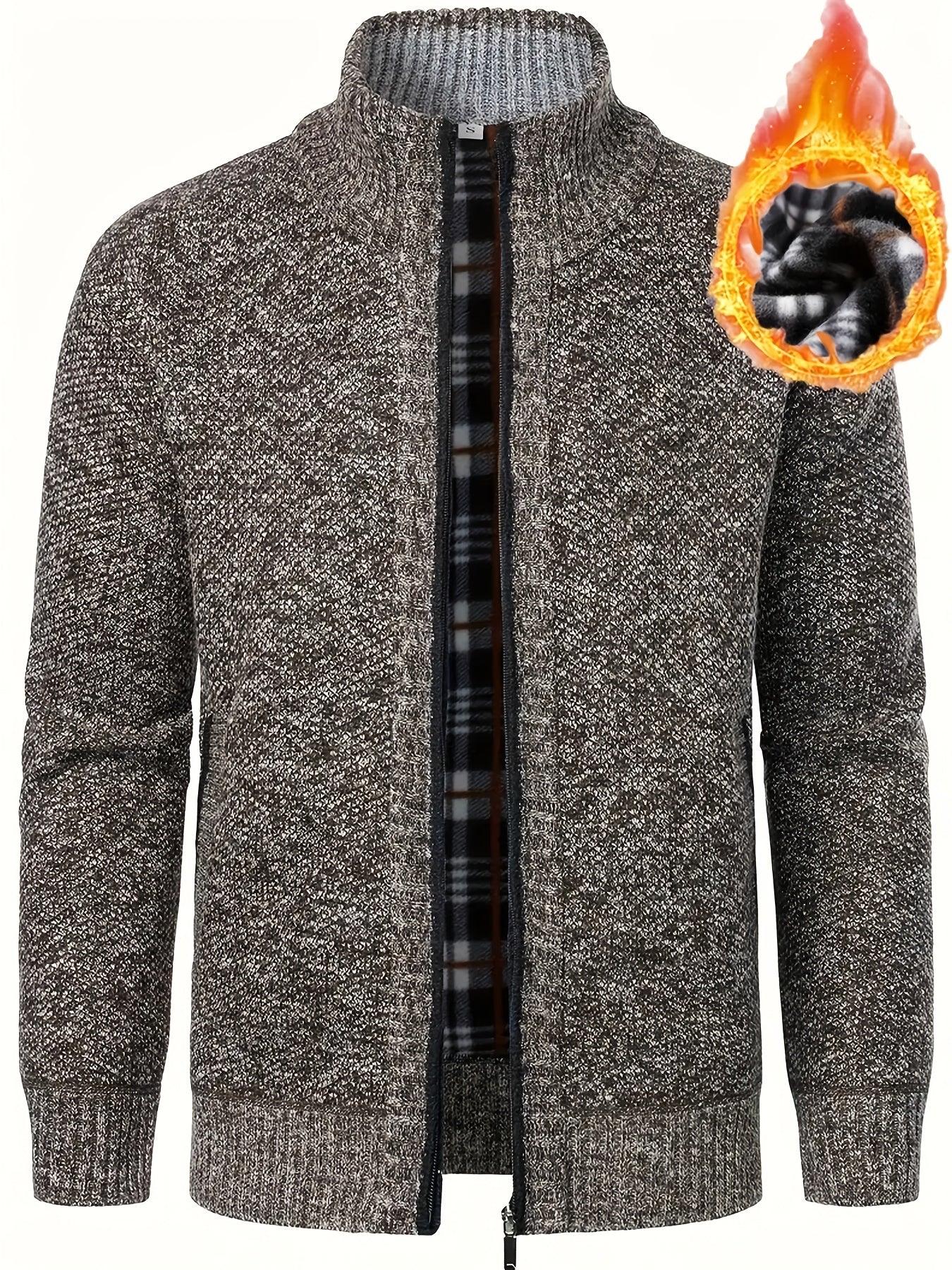 Men'S Thick Fleece Zip-Up Cardigan - Casual Long Sleeve Knit Sweater with Stand Collar, Solid Color, Regular Fit for Fall/Winter, Comfortable Layering Piece, Winter Cardigan, Autumn Outerwear, Modern Casualwear, Durable Fabri - Image 6