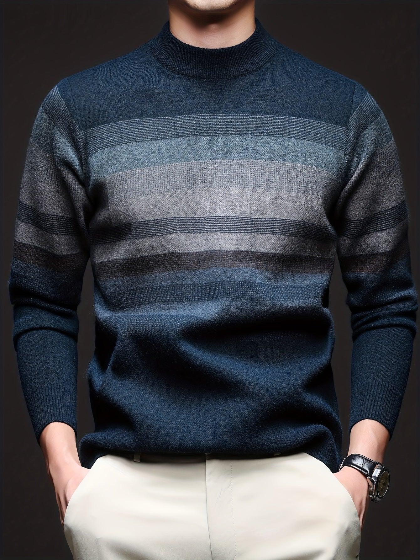 Men'S Thickened Sweater - Navy Blue & Gray Horizontal Stripes, Long Sleeve Round Neck Pullover for Fall/Winter, Casual & Formal Outfits - Everyday & Special Occasion Top, Knit
