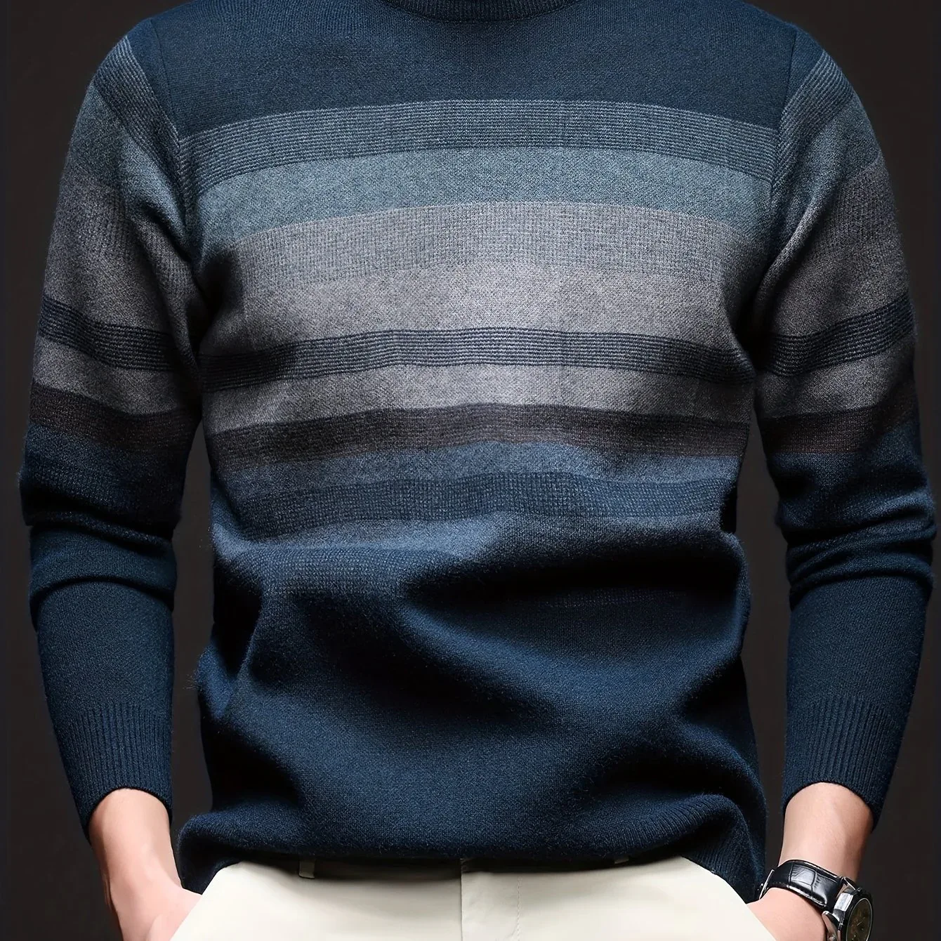 Men'S Thickened Sweater - Navy Blue & Gray Horizontal Stripes, Long Sleeve Round Neck Pullover for Fall/Winter, Casual & Formal Outfits - Everyday & Special Occasion Top, Knit - Image 11