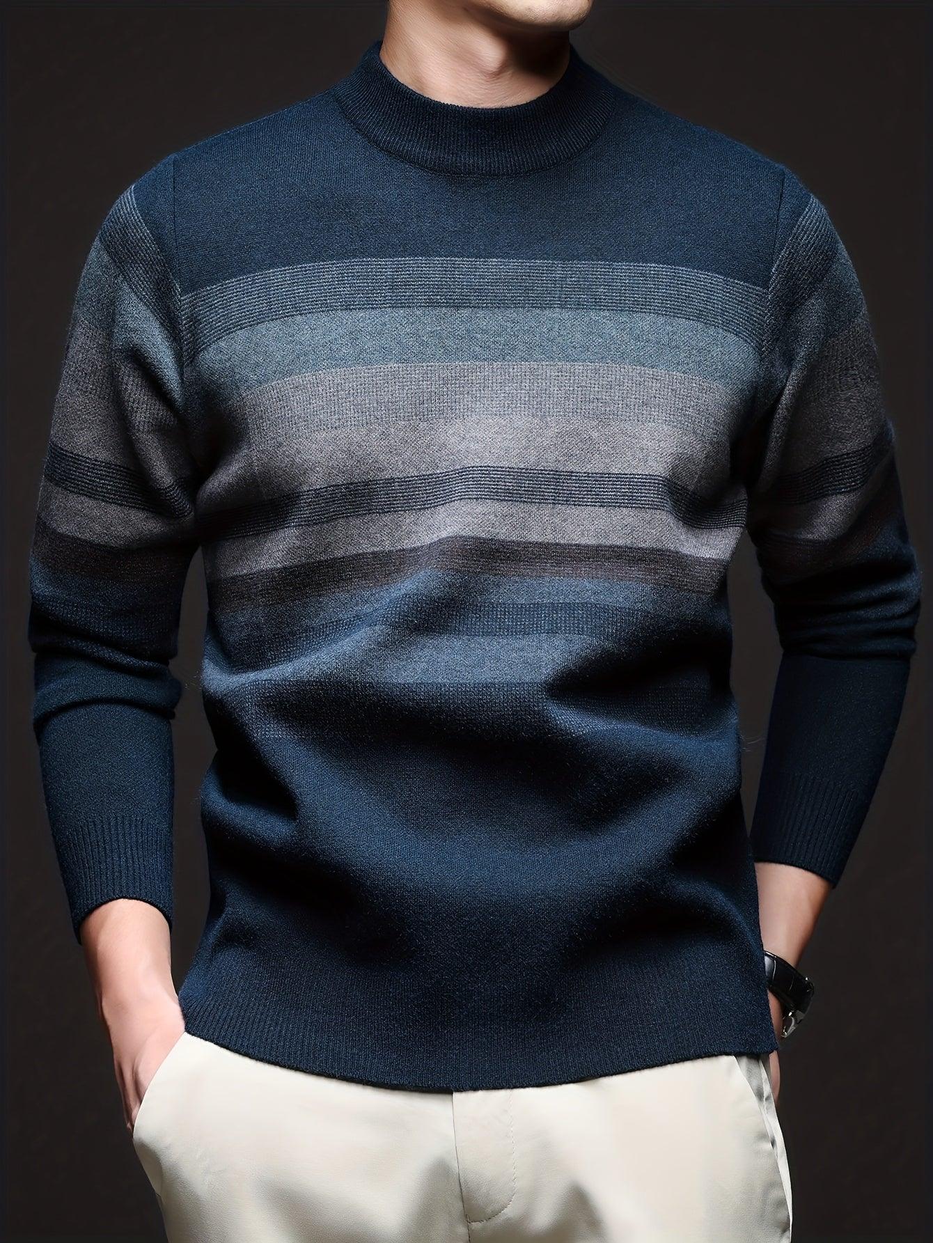 Men'S Thickened Sweater - Navy Blue & Gray Horizontal Stripes, Long Sleeve Round Neck Pullover for Fall/Winter, Casual & Formal Outfits - Everyday & Special Occasion Top, Knit - Image 2