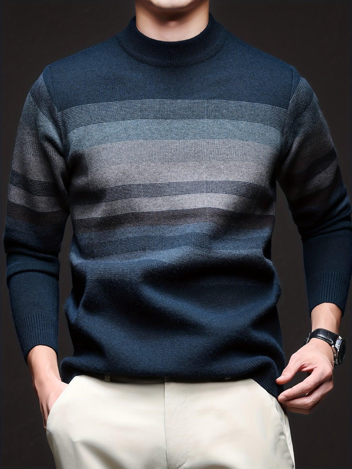 Men'S Thickened Sweater - Navy Blue & Gray Horizontal Stripes, Long Sleeve Round Neck Pullover for Fall/Winter, Casual & Formal Outfits - Everyday & Special Occasion Top, Knit - Image 3