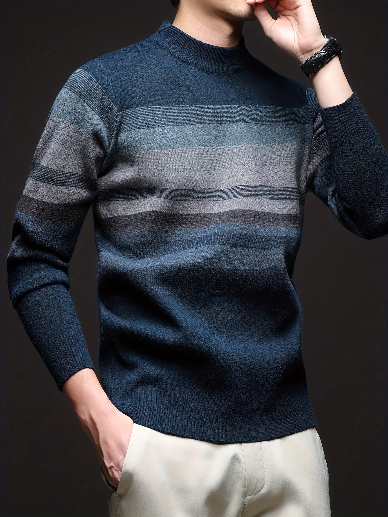 Men'S Thickened Sweater - Navy Blue & Gray Horizontal Stripes, Long Sleeve Round Neck Pullover for Fall/Winter, Casual & Formal Outfits - Everyday & Special Occasion Top, Knit - Image 4