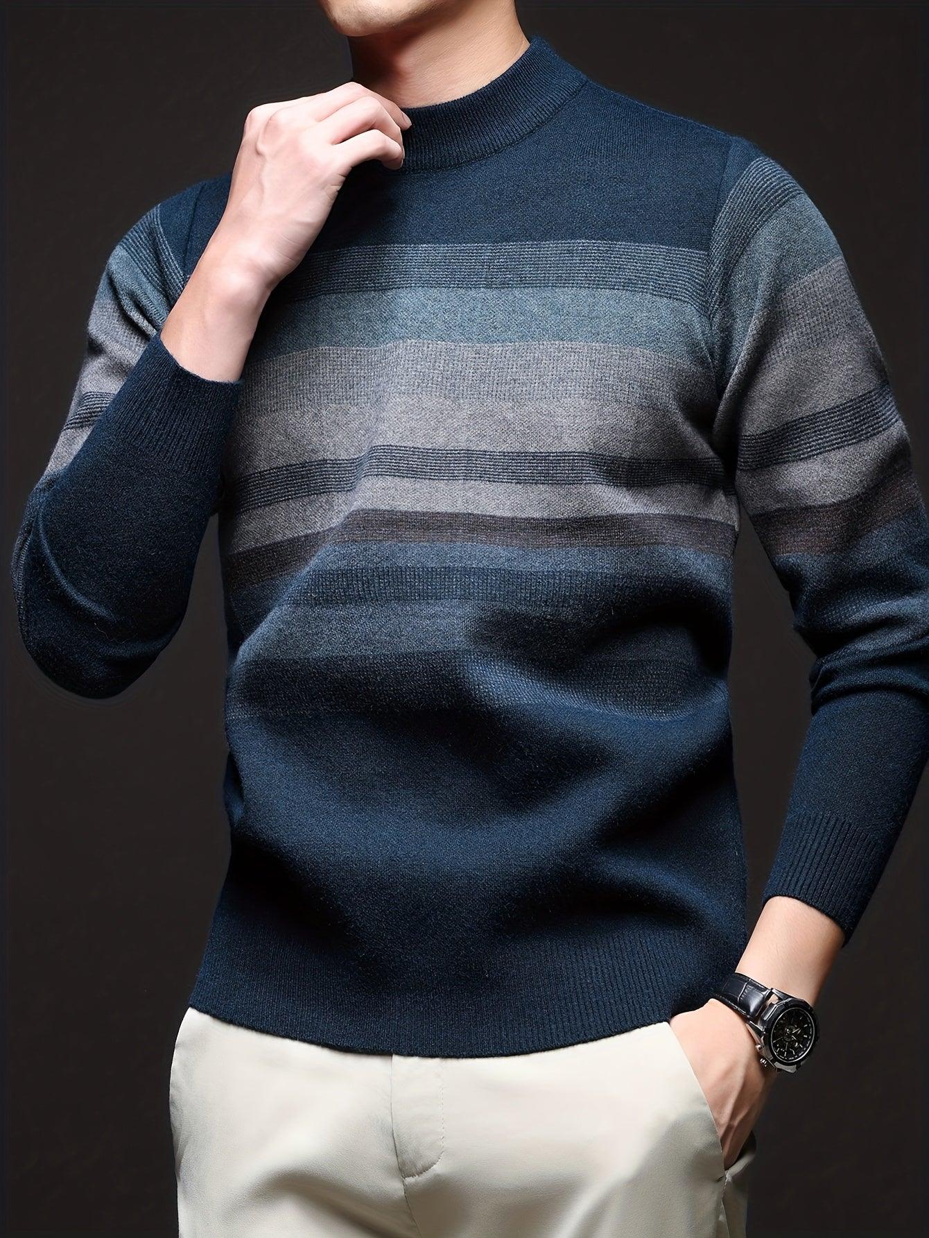 Men'S Thickened Sweater - Navy Blue & Gray Horizontal Stripes, Long Sleeve Round Neck Pullover for Fall/Winter, Casual & Formal Outfits - Everyday & Special Occasion Top, Knit - Image 5