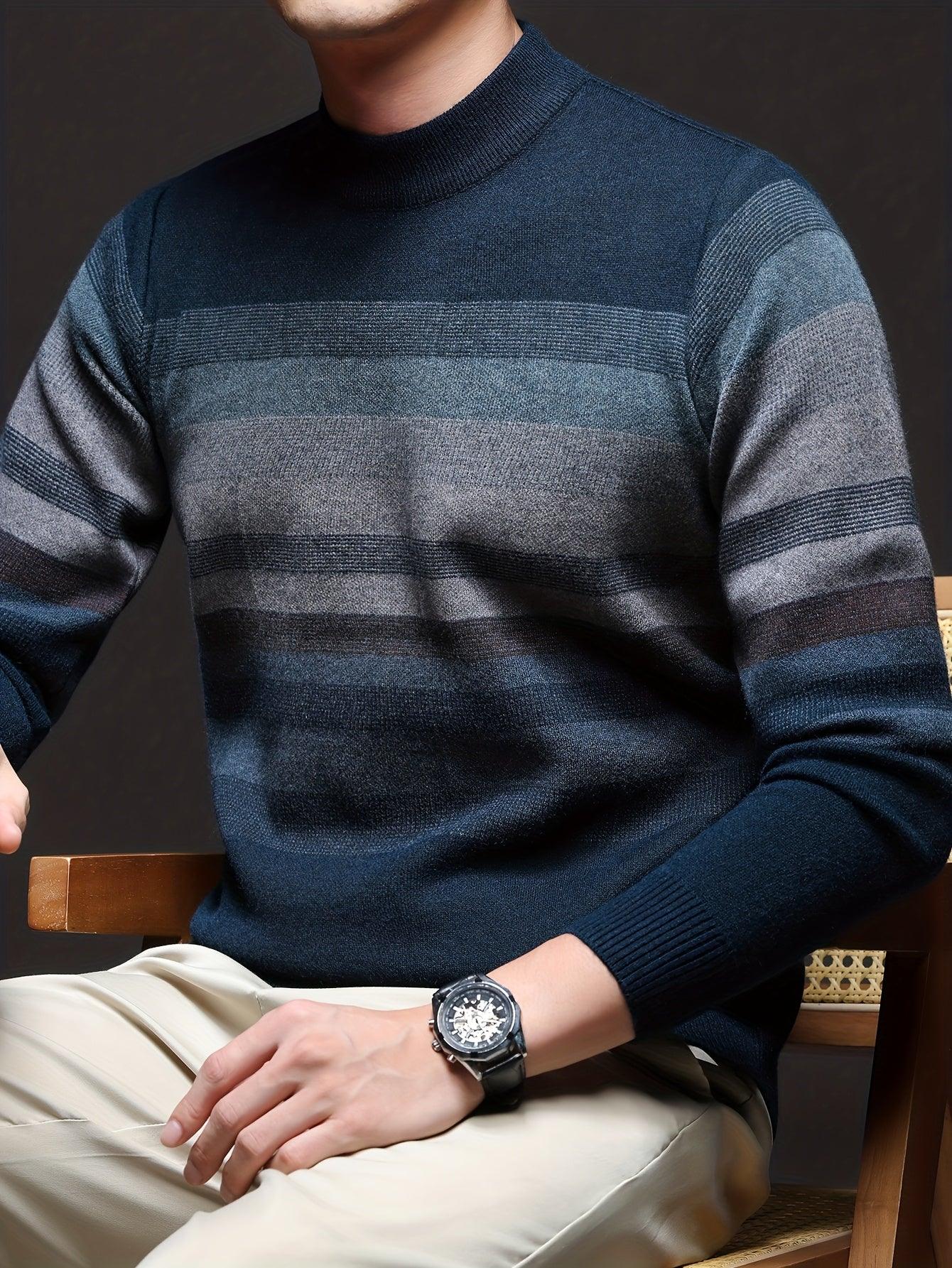 Men'S Thickened Sweater - Navy Blue & Gray Horizontal Stripes, Long Sleeve Round Neck Pullover for Fall/Winter, Casual & Formal Outfits - Everyday & Special Occasion Top, Knit - Image 6