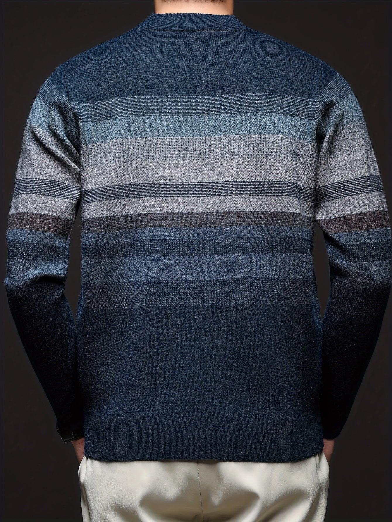 Men'S Thickened Sweater - Navy Blue & Gray Horizontal Stripes, Long Sleeve Round Neck Pullover for Fall/Winter, Casual & Formal Outfits - Everyday & Special Occasion Top, Knit - Image 7