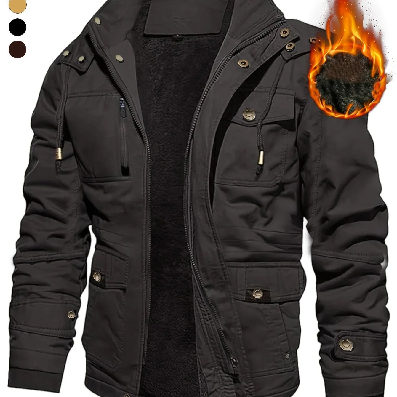 Men'S Thickened Warm Mid-Length Heavyweight Jacket with Detachable Hood - Multiple Zippered Pockets, Casual Outdoor Workwear, Polyester Lined, Button-Up Front, Regular Fit for Cold Weather, Winter Outerwear | Functional Desig - Image 11