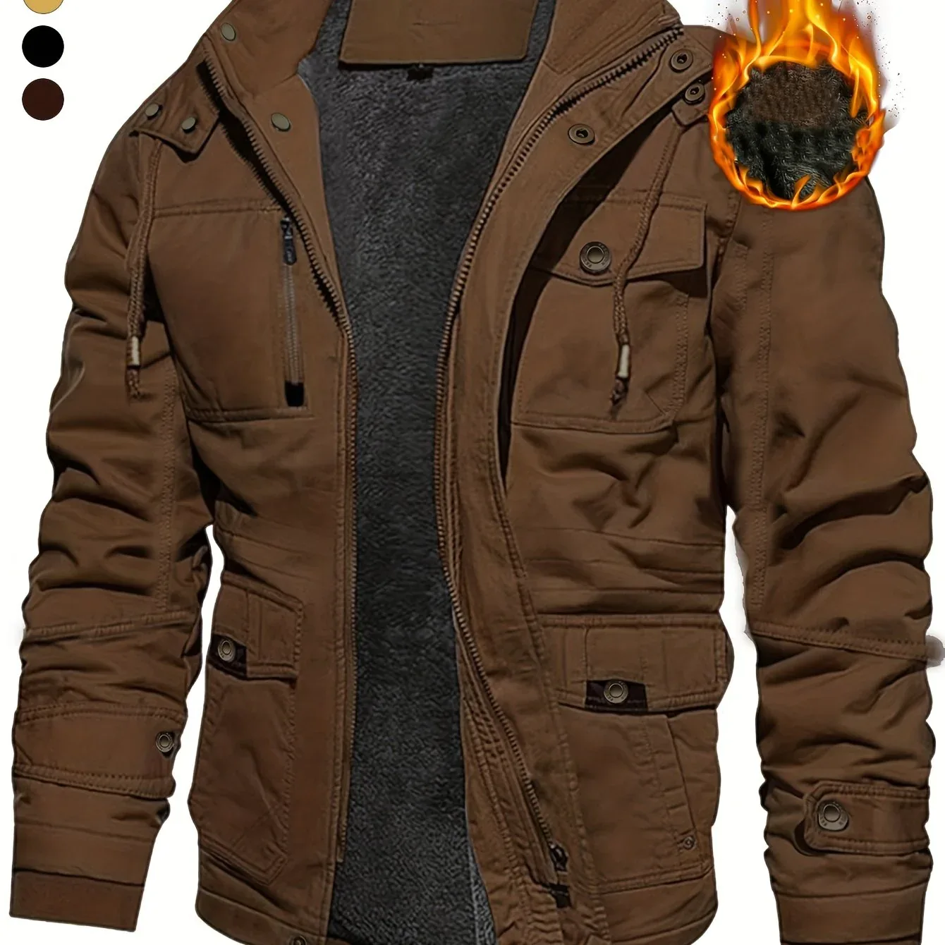Men'S Thickened Warm Mid-Length Heavyweight Jacket with Detachable Hood - Multiple Zippered Pockets, Casual Outdoor Workwear, Polyester Lined, Button-Up Front, Regular Fit for Cold Weather, Winter Outerwear | Functional Desig - Image 12